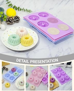 LGQUK Jello Molds 3pcs Silicone Fluted Tube Cake Pans, 6Cavity Heritage Bundtlette Cake Silicone Mold for Baking Non Stick Fancy Molds (Purple+Blue+Pink, Fluted Tube)