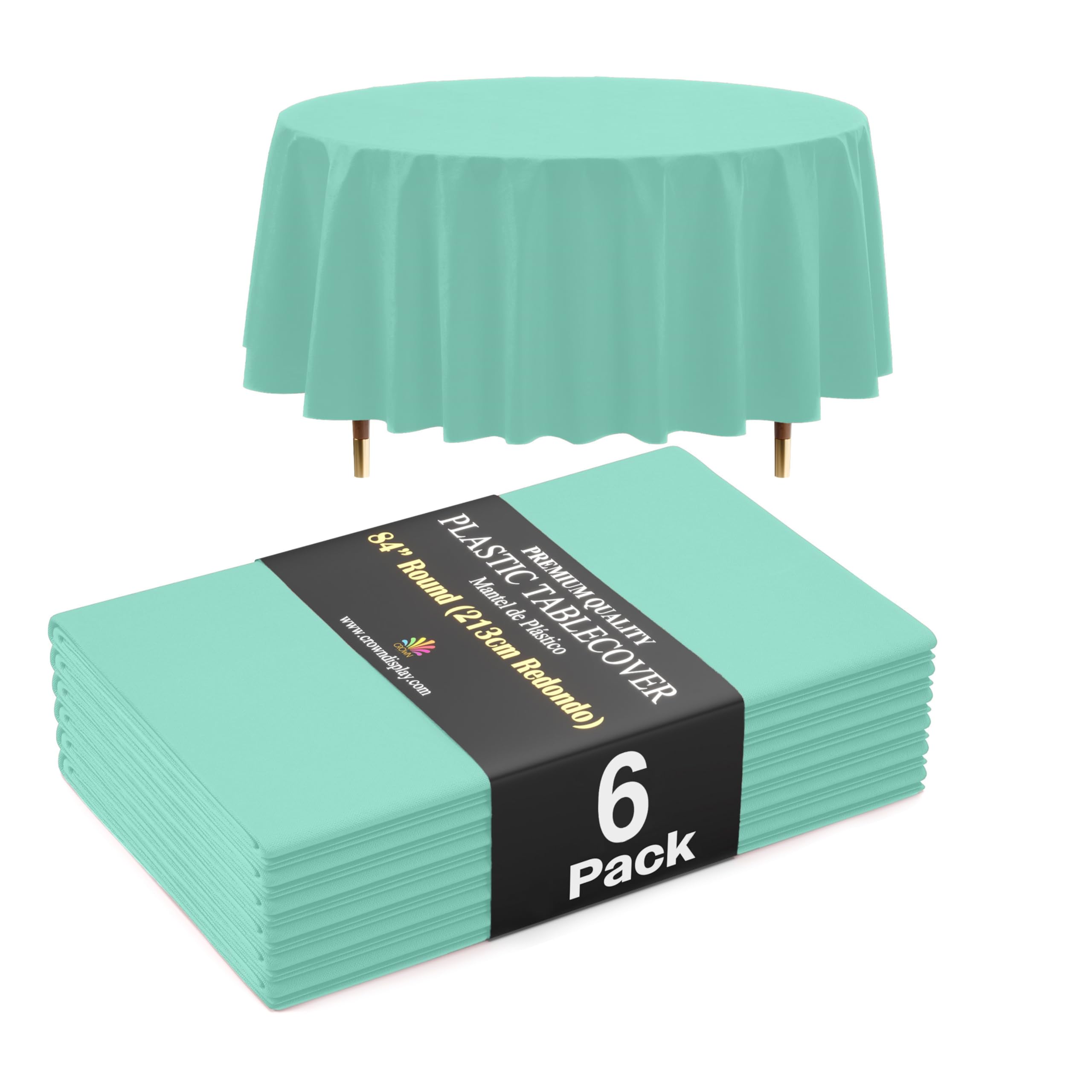 Exquisite 66% Thicker Premium Mint Round Tablecloth 0.5 Mil 6 Pack Plastic Table Cloth 84 Inch Round Plastic Tablecloth Won't Tear Easily Like Cheap Thin Brands