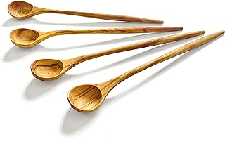 WONDERFUL 100% Natural Olive Wood Long Handle Spoons for Coffee, Tea, Milkshake Kitchen Stirring, Cocktail Stirrer; Mixing Honey Spoon, Chef Tasting Spoons(4 pcs)