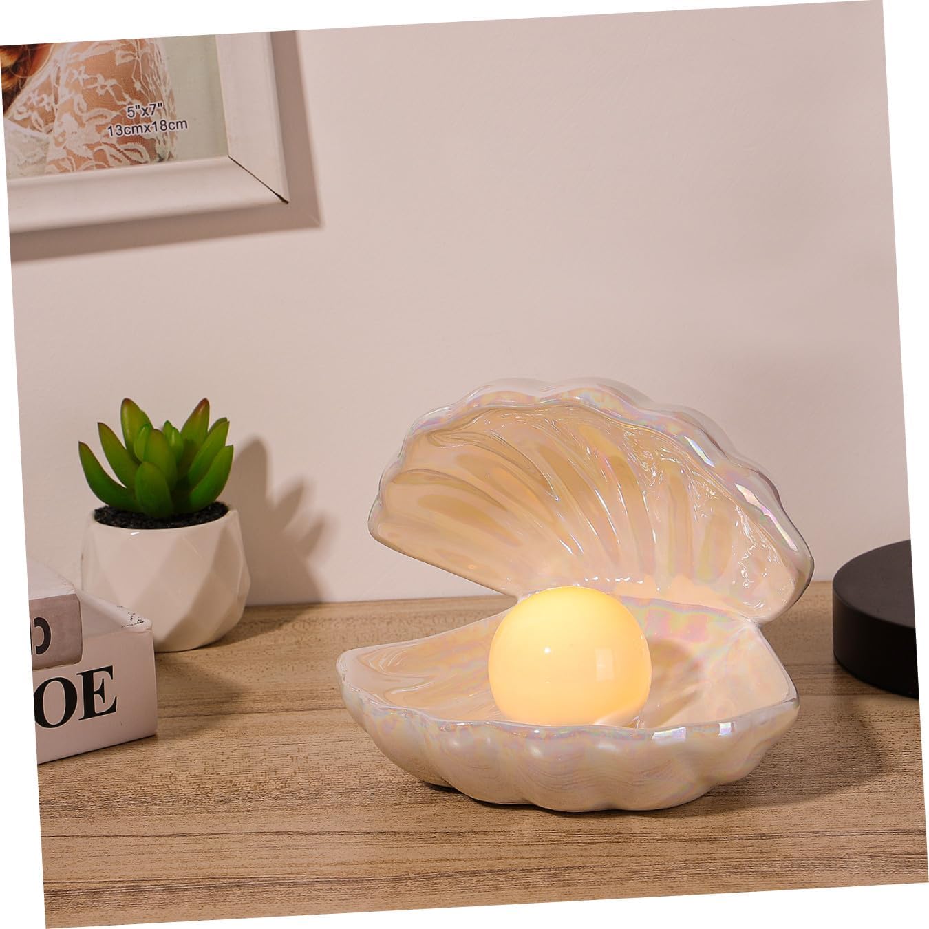 TOYANDONA Ceramic Shell Pearl Light - Portable Led Clam Night Light Pearl in Shell Lamp for Home Bedroom Living Room Desktop Decor (White)