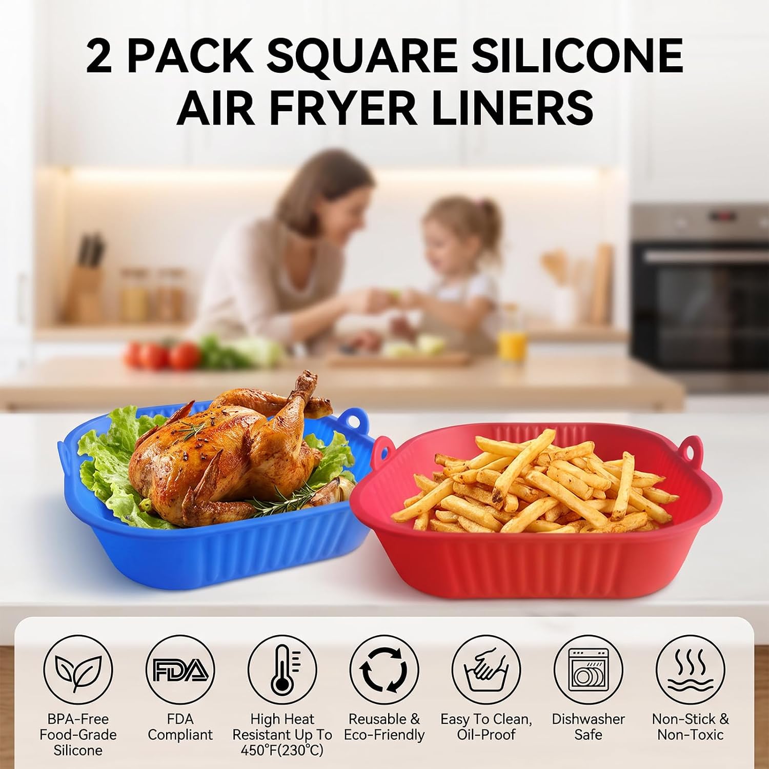 Square Silicone Air Fryer Liners, 2 Pack Reusable Liners for 4-7 QT Basket