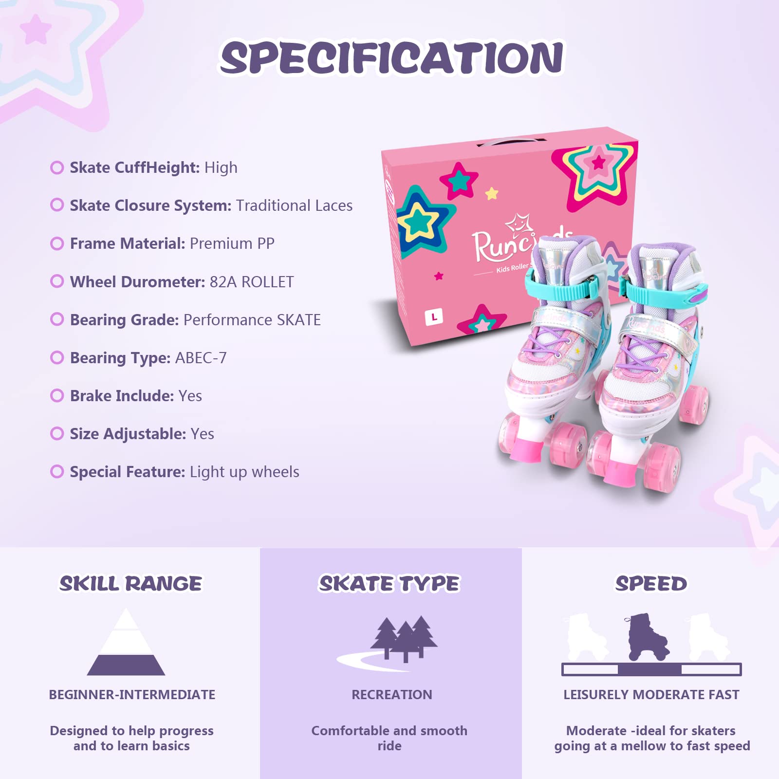Runcinds Pattini a rotelle per bambini per bambine, bambini, ragazzi, 4 misure regolabili con ruote illuminate