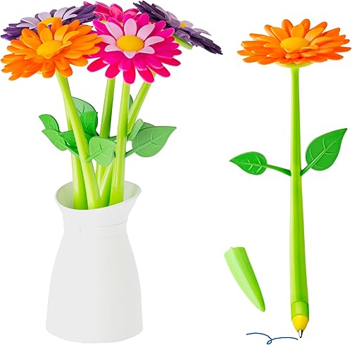 Vigar Juego de bolígrafos de flores con soporte para jarrón, 5 coloridos bolígrafos florales decorativos con tinta azul, bonitos suministros