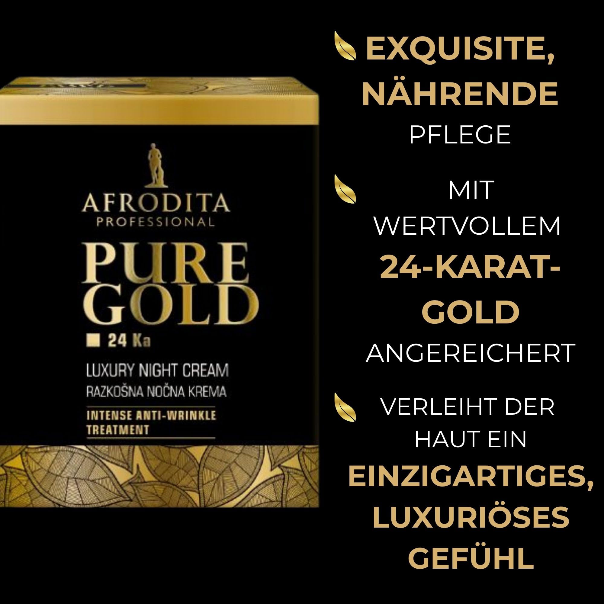Afrodita Professional Pure Gold 24K Luxus Nachtcreme, Anti-Falten Gesichtscreme für reife trockene bis normale Haut, 50 ml, nährende 24 Karat Gold Pflege für glattere straffere Haut