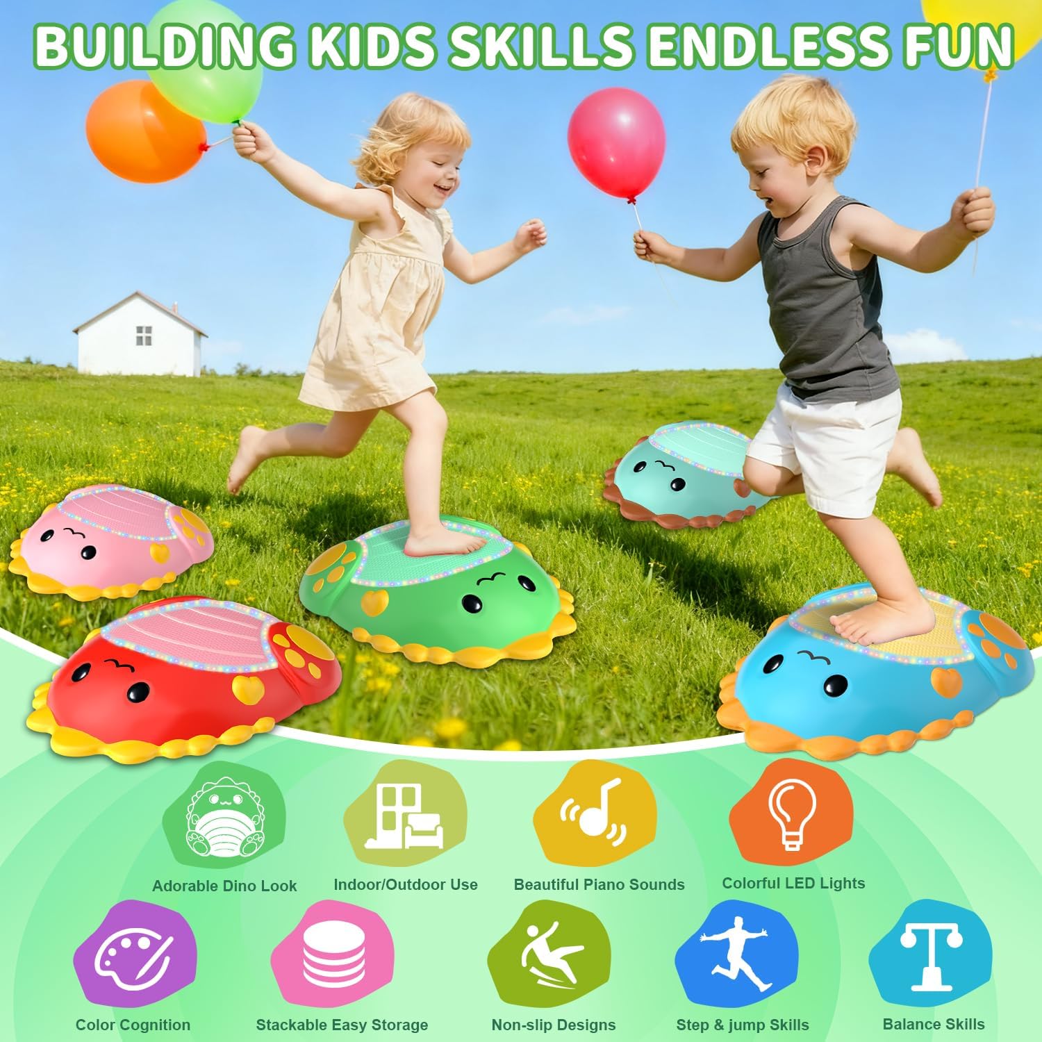 Toys Stepping Stones for Kids Toddler: 5Pcs Upgraded Light up & Music Non-Slip Sensory Balance Toys with 5 Rechargeable Batteries - Indoor/Outdoor Montessori Toy - Great Gift for Boy Girl Ages 3+