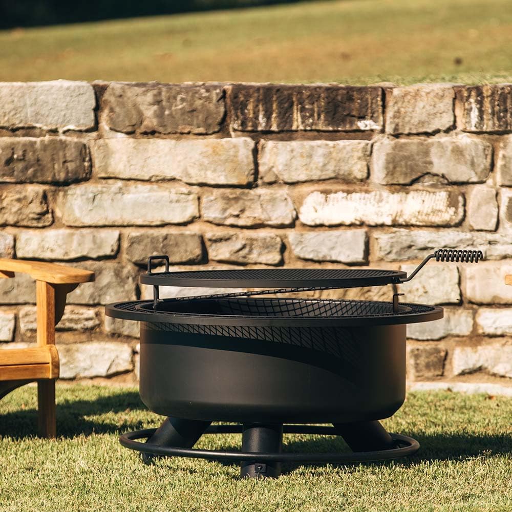 Ash & Ember 38" Wood Burning Fire Pit with Swivel Cooking Grate, Black Steel Outdoor Fire Pit for BBQ Grilling, Includes Fire Iron Tool, Cool-Touch Spring Handle, Elevated Fire Bowl