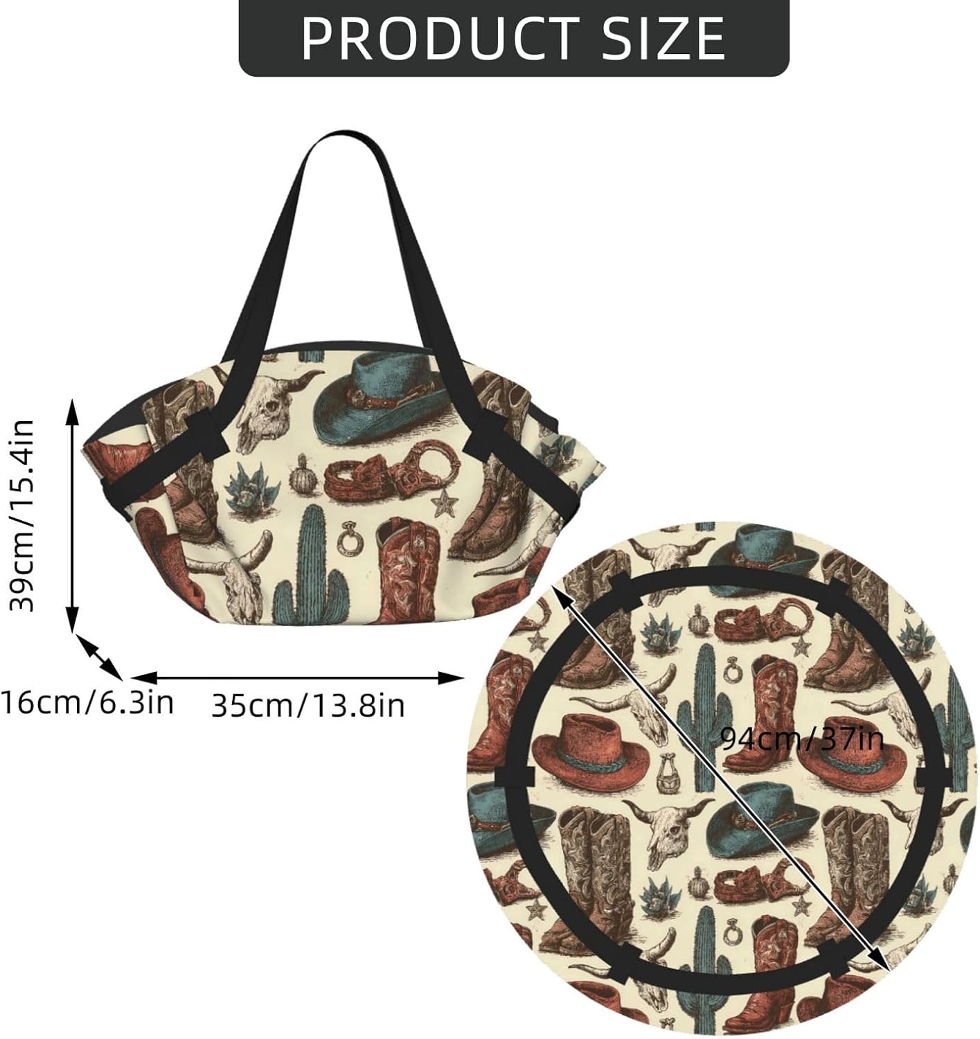 Western Cowboy (2) Pattern Foldable Camping Tote Bag Picnic Blanket Bag Portable Beach Mat Tote Waterproof Outdoor Picnic Mat Carry Bag