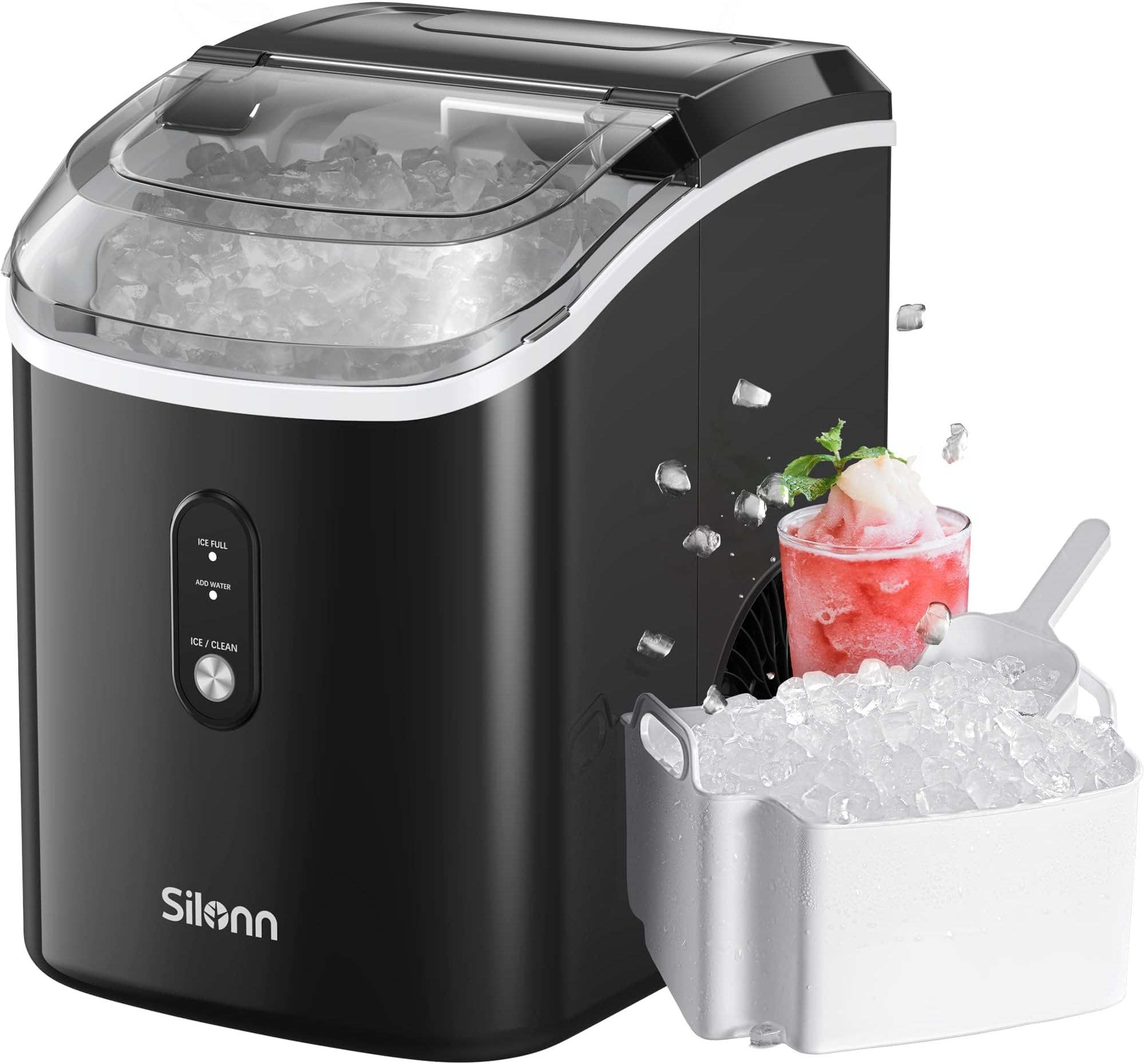 Nugget Ice Maker Countertop, Silonn Chewable Pellet Ice Machine with Self-Cleanin Function, 36lbs/24H Portable Ice Makers for Home Kitchen Officce, Black