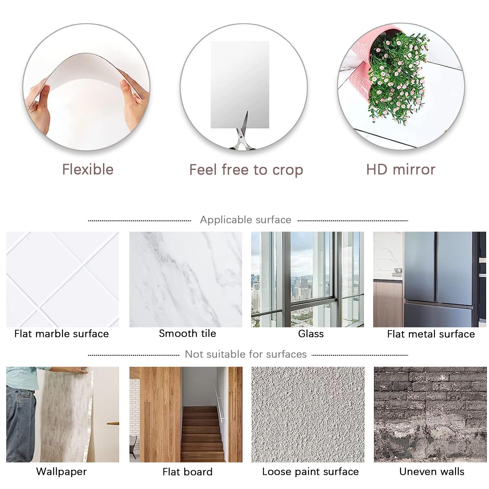 Autocollants muraux à miroir flexibles, non en verre, pour revêtement mural de cuisine et salle de bain, 16 pièces de 9 pouces