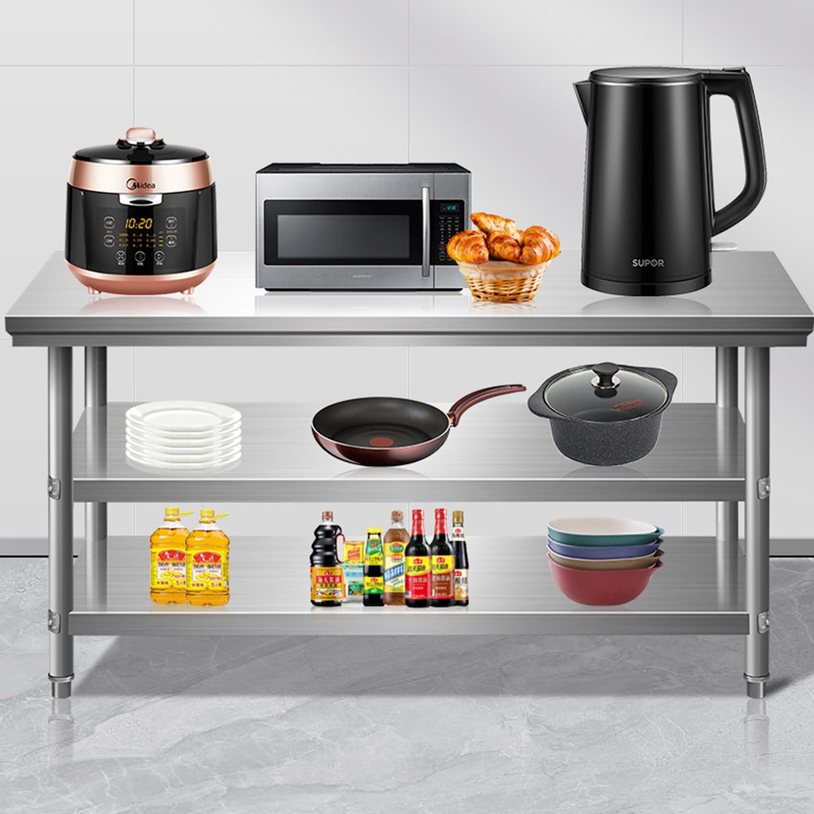 Tavolo da Lavoro Profondo in Acciaio Inossidabile con 2 Ripiani, Stazione di Preparazione degli Alimenti in Metallo, Tavolo da Lavoro per Cucina Resistente, per Garage, Casa (Size : 150x80x80cm
