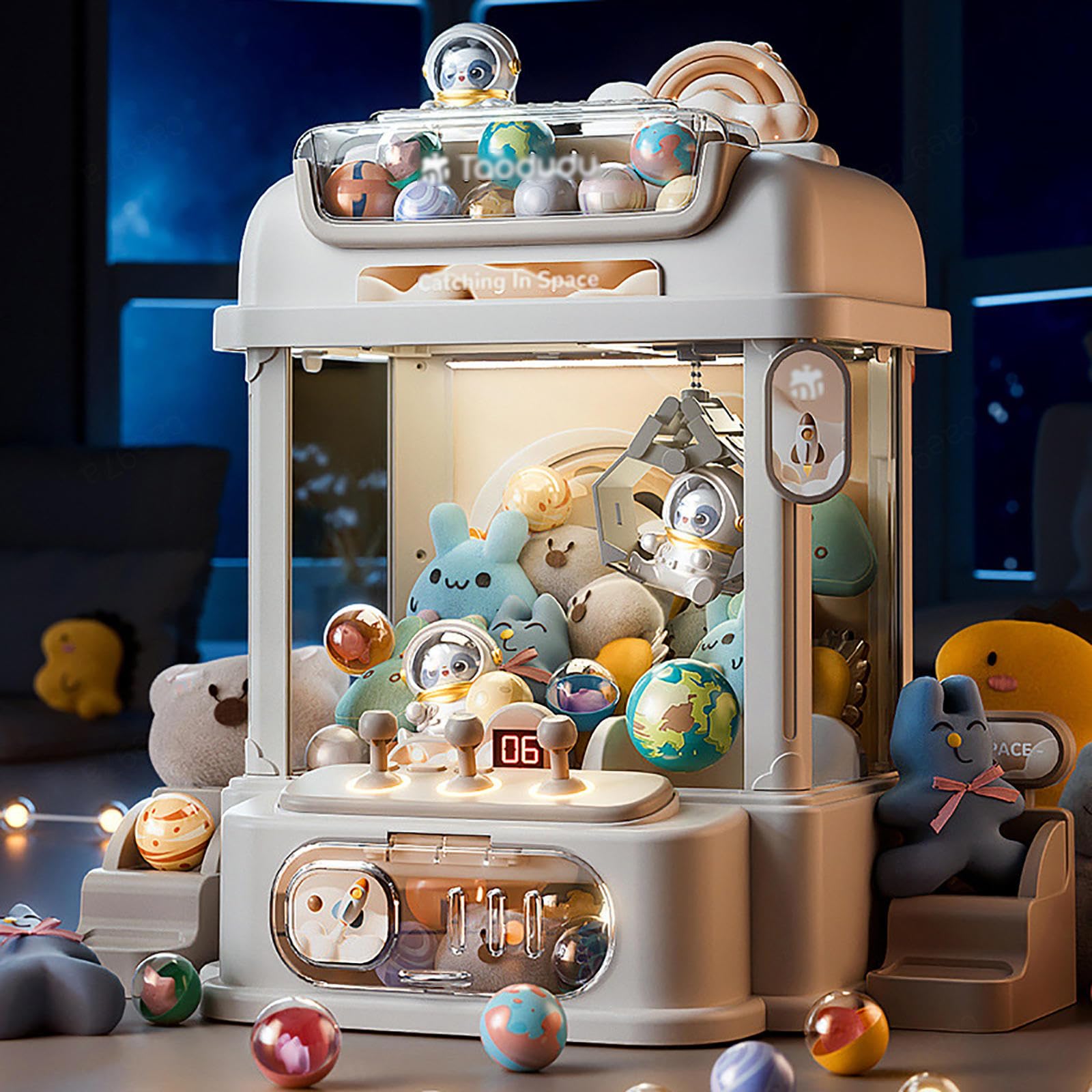 Maquina De Garra con Control Remoto, Máquina De Garra con Luz Y Música,2 Muñecos Panda,25 Muñecos,20 Gashapons Regalos para Adultos Niñas Niños,White