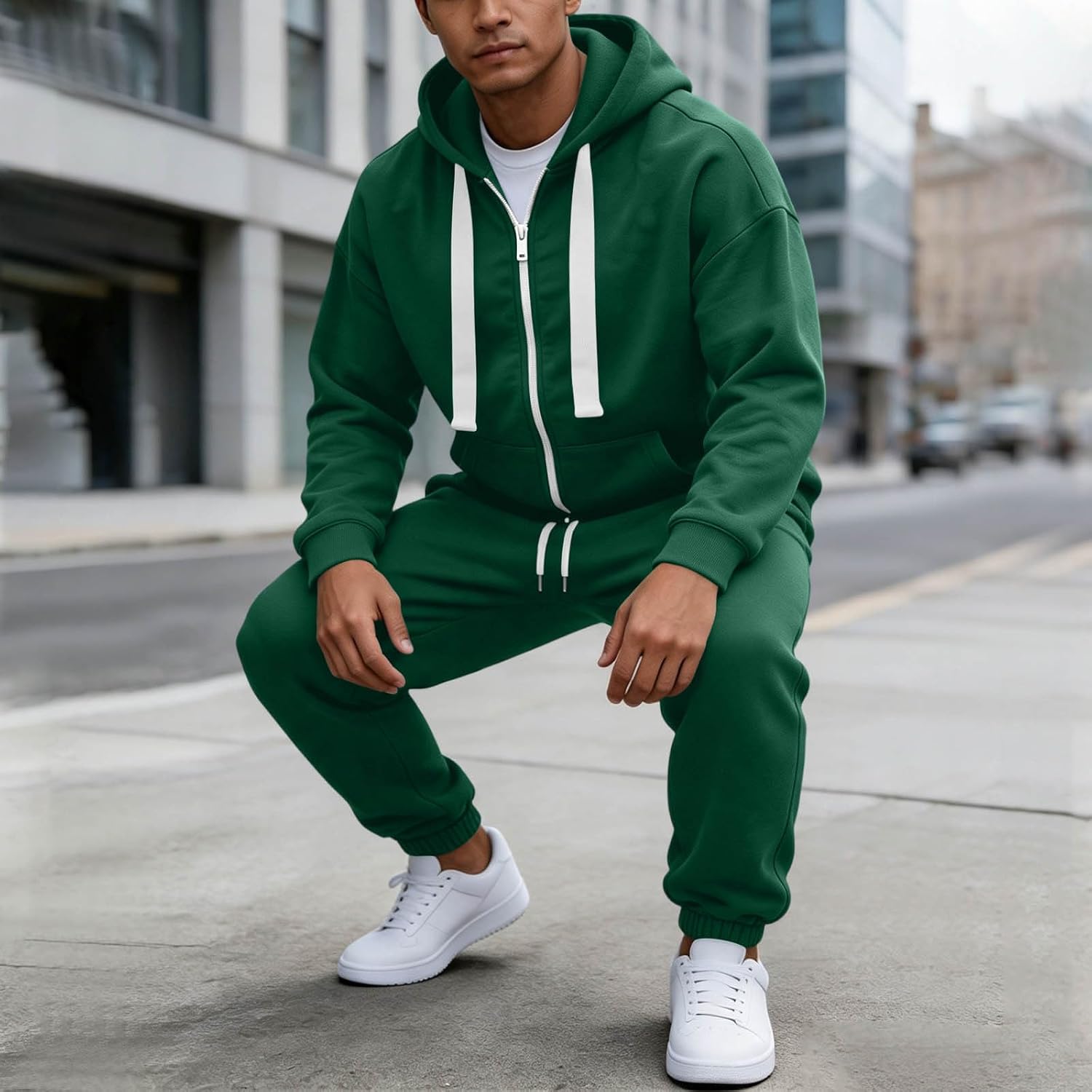 Men's Full Zip Hoodie Set Contrast Drawstring Sweatsuit