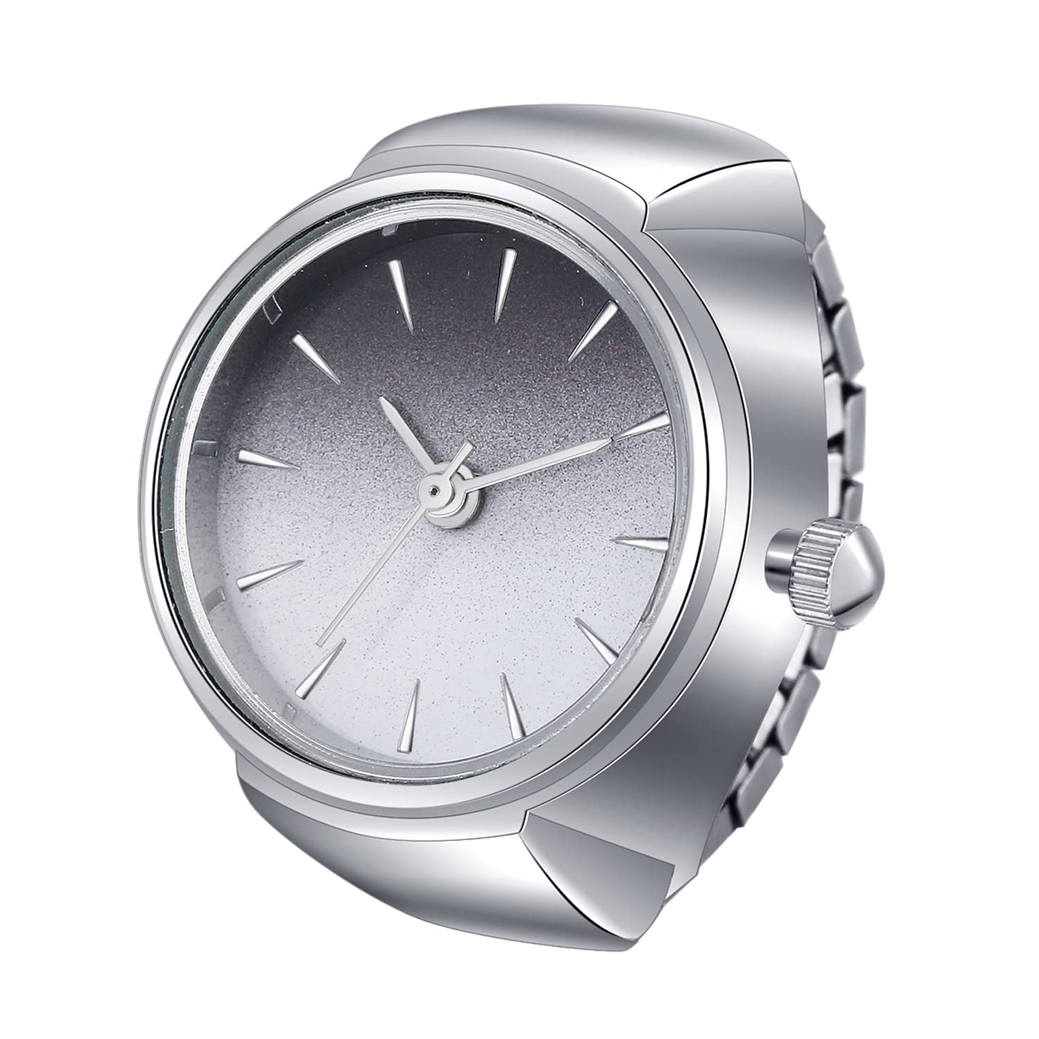 JewelryWe Finger Watch for Women - Stretchy Elastic Band Round Simple Dial Quartz Ring Watches for Daily and Office
