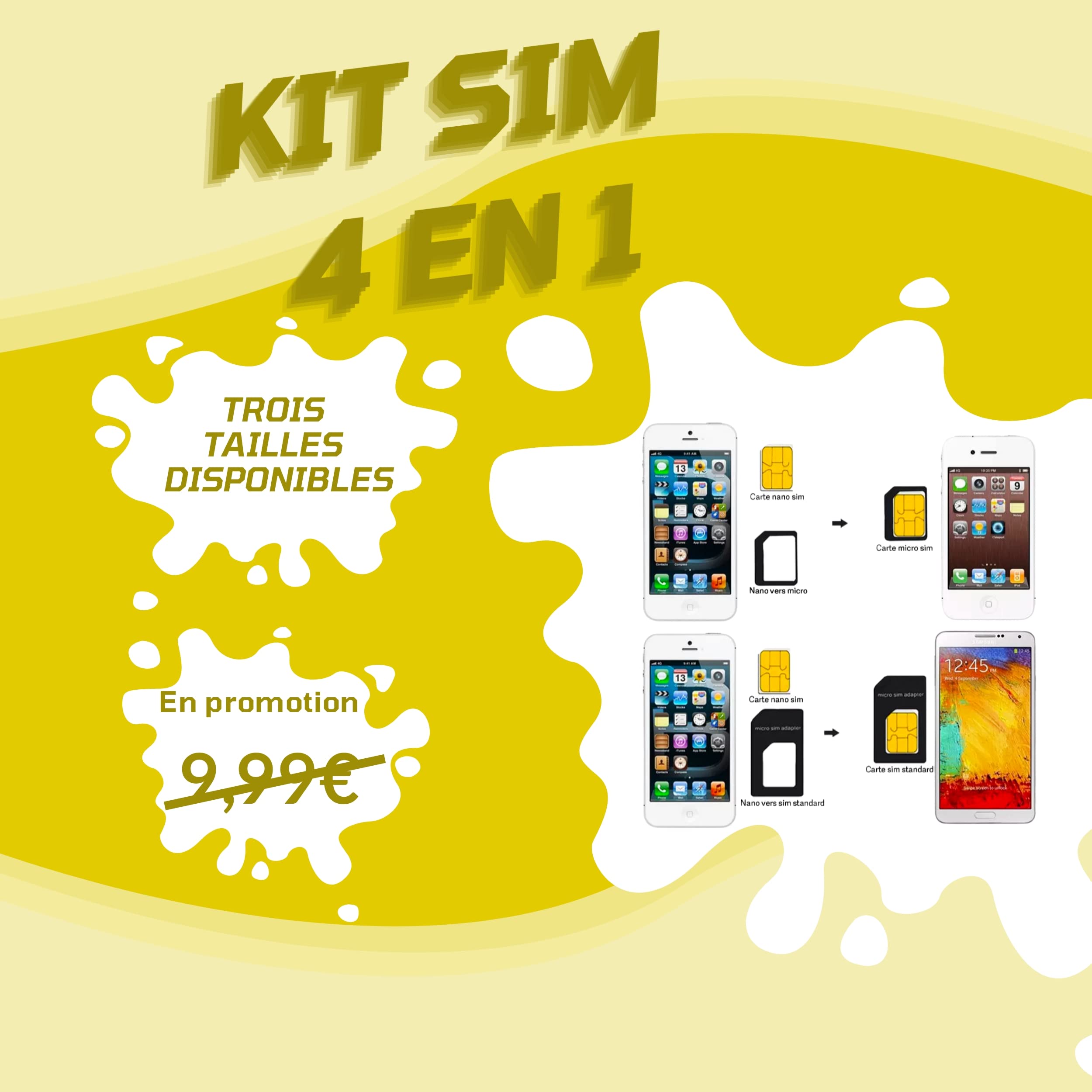 Kit Adaptateur SIM 4 En 1 - Nano, Micro, Standard + Outil D'éjection - Compatible IPhone, Samsung, Android