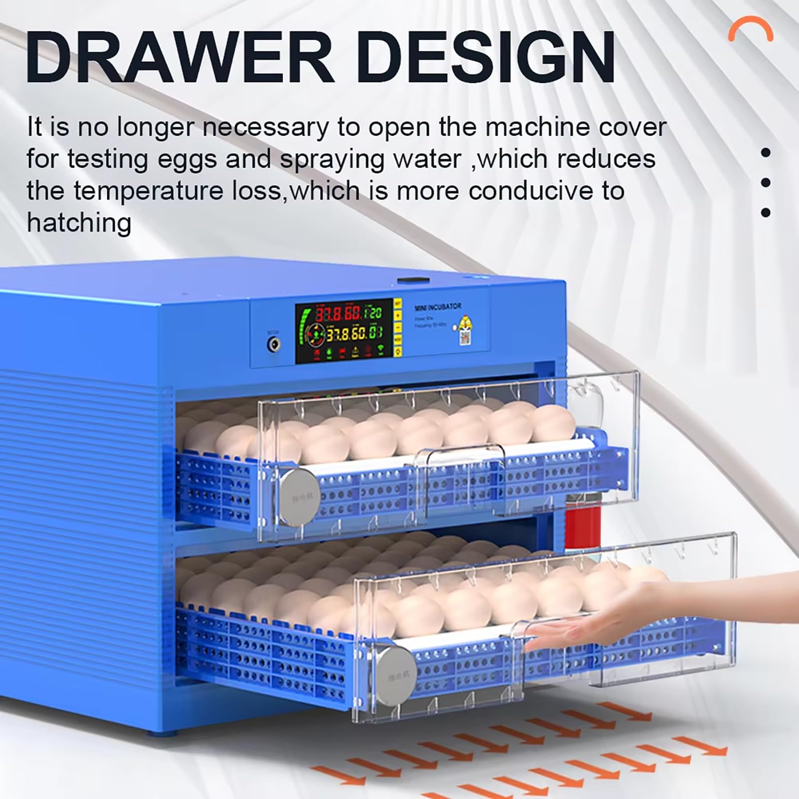 Incubadora de Huevos con volteo automático y Control de Humedad. Capacidad para 128/500 Huevos.