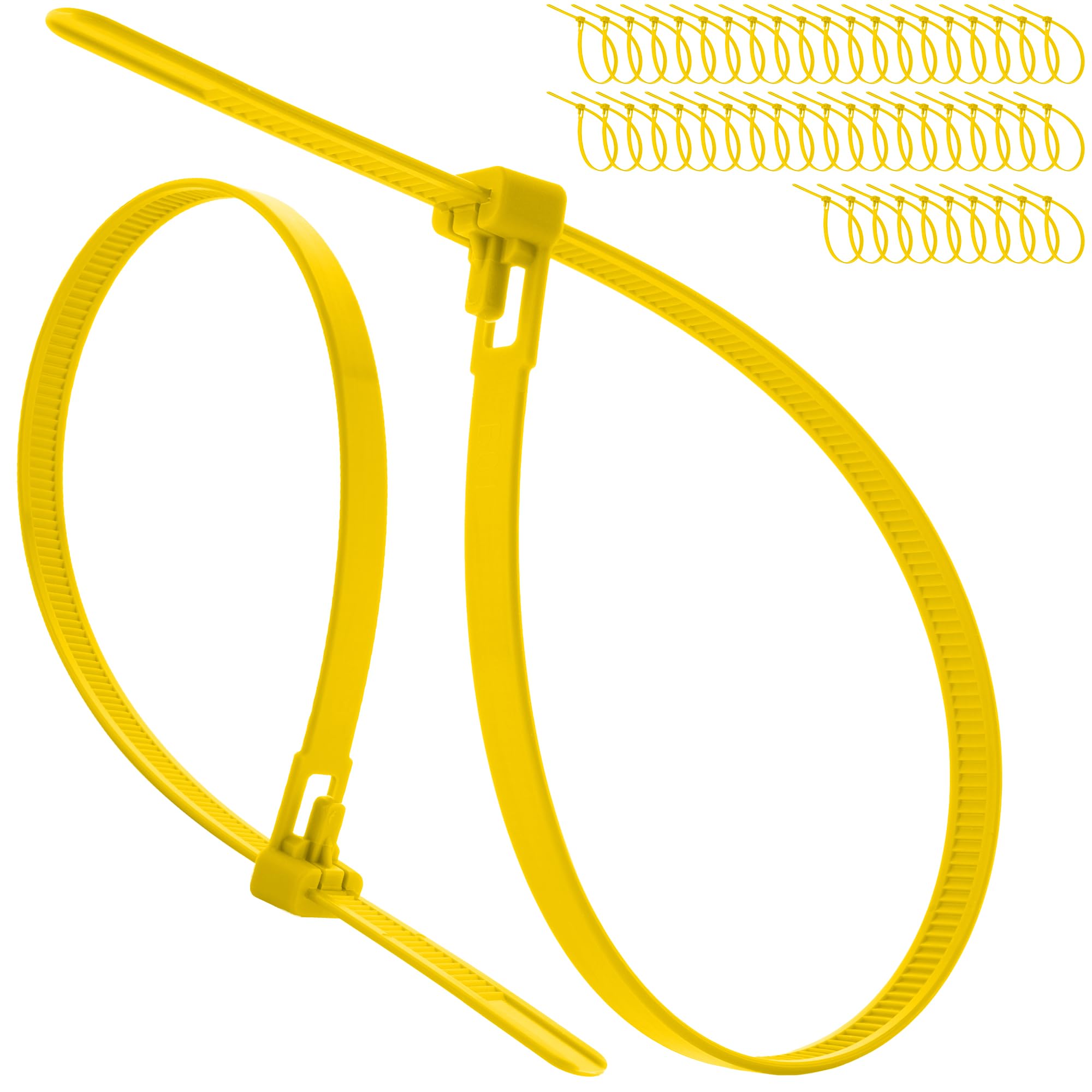 On1shelf Releasable Cable Ties 7.2mm x 300mm Yellow, 50 Pack Heavy Duty Reusable Zip Ties, Adjustable Removable Nylon PA66 Tie Wraps for Cable Identification & Workshop Organisation