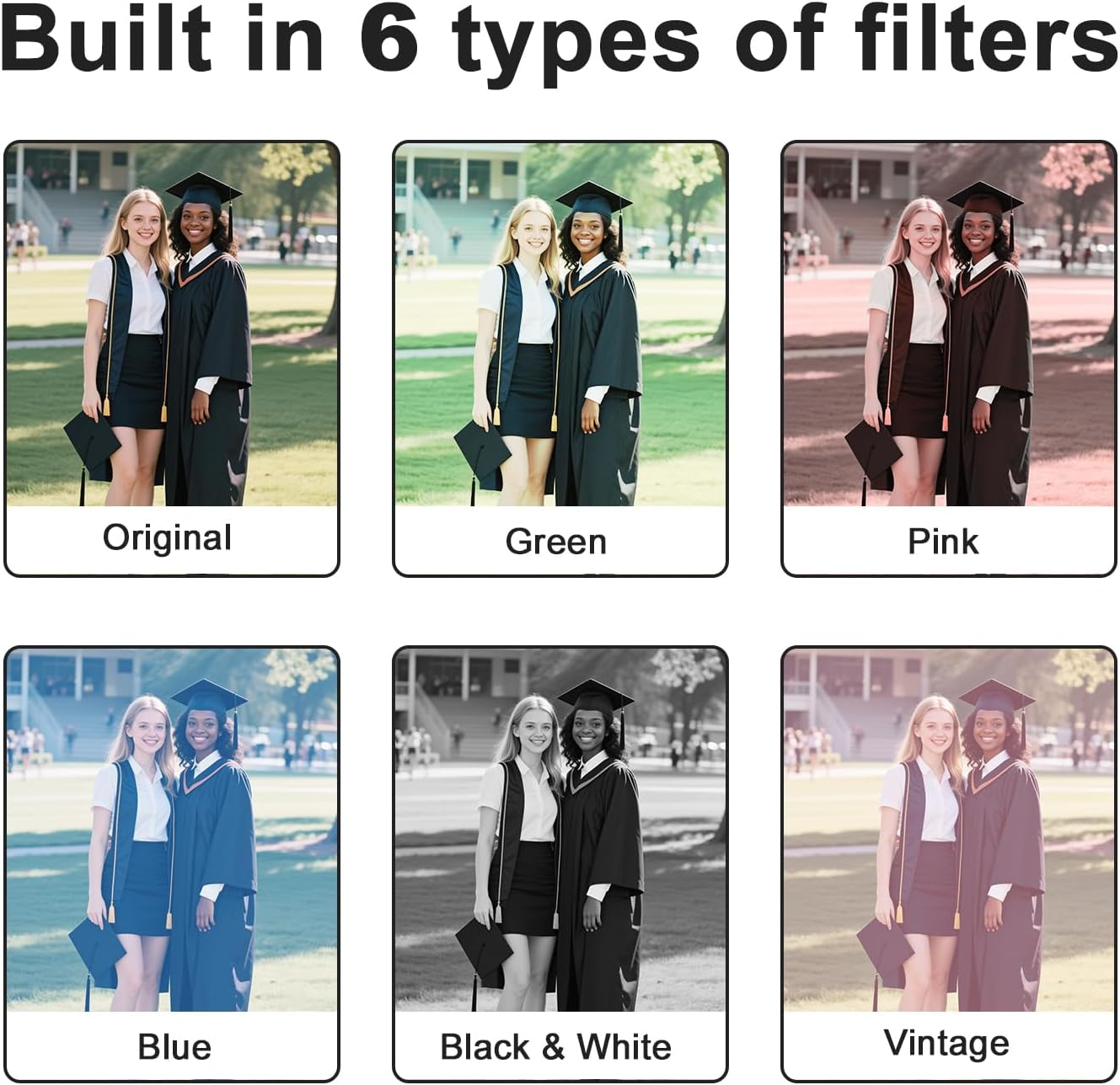 Examples of the 6 built-in filters: Original, Green, Pink, Blue, Black & White, and Vintage, applied to the same image.