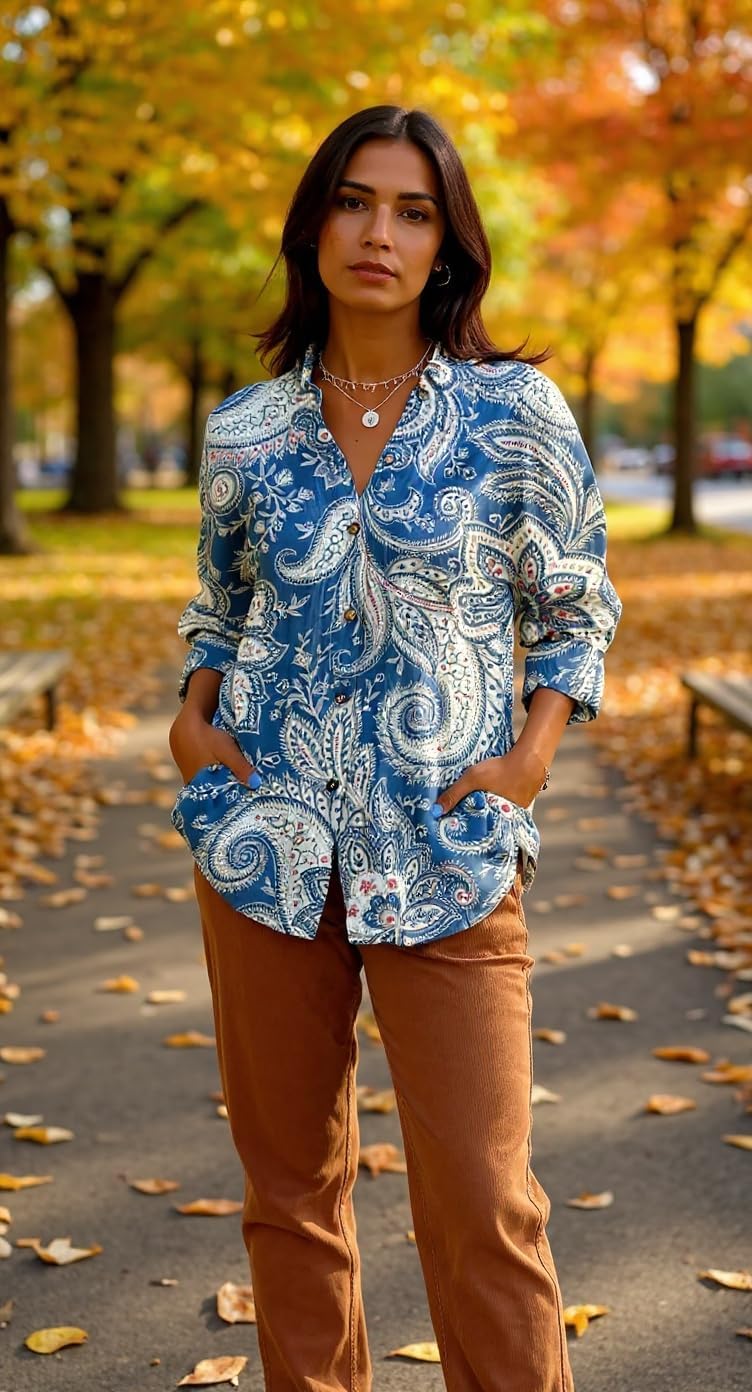 Women's Boho Long Sleeve Button Up Linen Shirts Casual Floral Collared Tops Fall Spring Summer Comfy Graphic Blouse for Women - Image 4