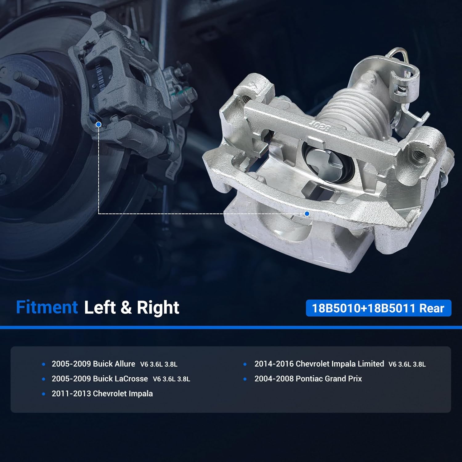 Autoround 18B5010 18B5011 Rear Disc Brake Caliper Assembly with Bracket fit for 11-13 Chevy Impala/ 14-16 Impala Limited, 05-09 Buick LaCrosse/Allure, 04-08 Pontiac Grand Prix, Both Driver Passenger