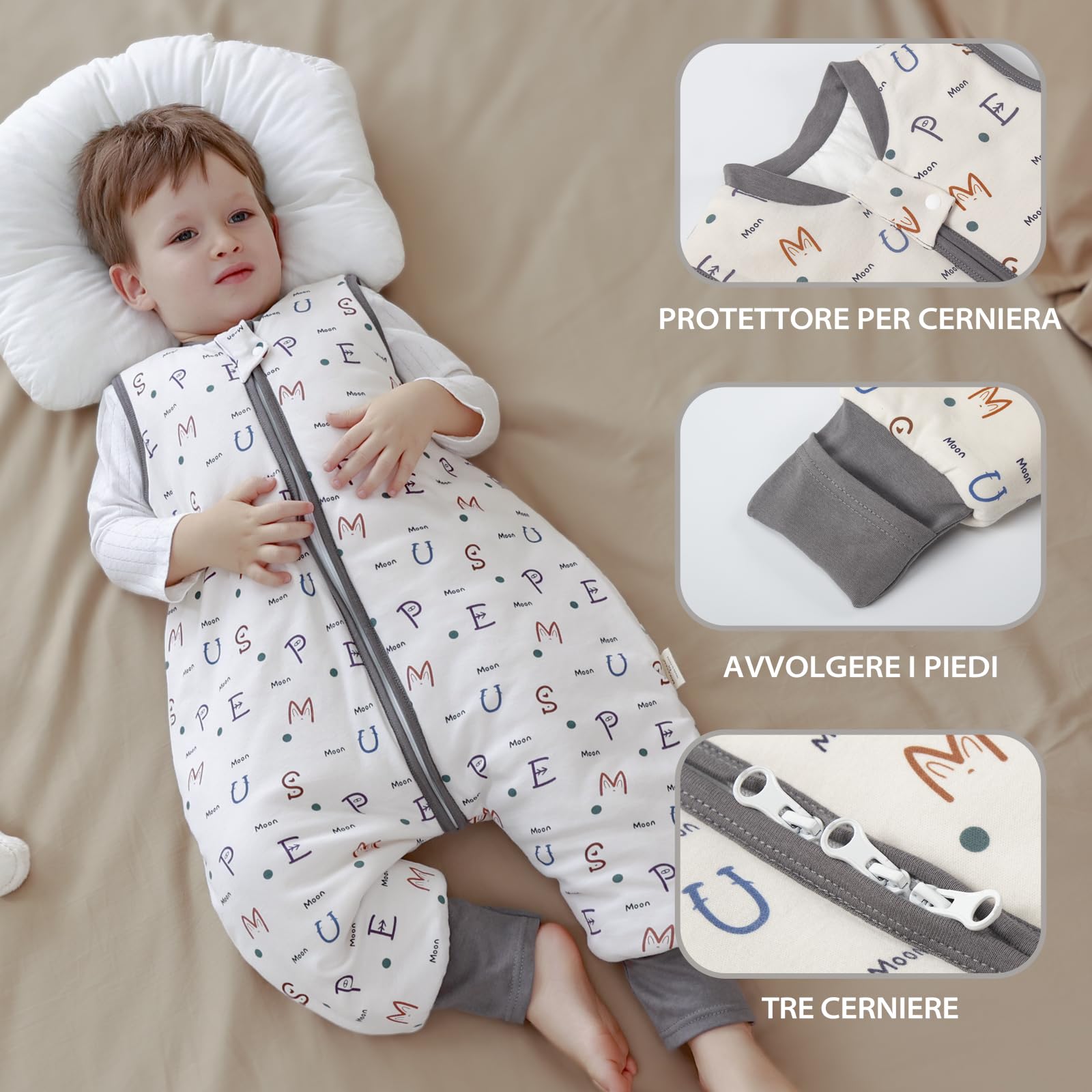 MIKAFEN Bambini Sacco nanna invernale con gambe 2,5 Tog,100% cotone,Sacco nanna con piedini,75-85 cm/6-18 mesi,Alfabeto