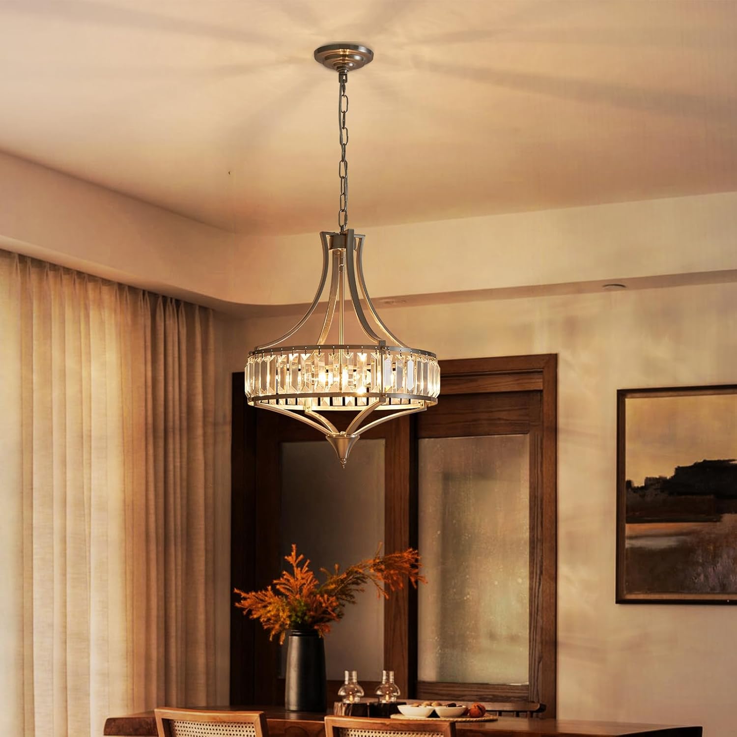 Crystal Chandeliers for Dining Room, Round Rustic Farmhouse Chandelier, Metal Shade, 4-Light Modern Brushed Nickel Chandelier for Hallway, Bedroom, Foyer