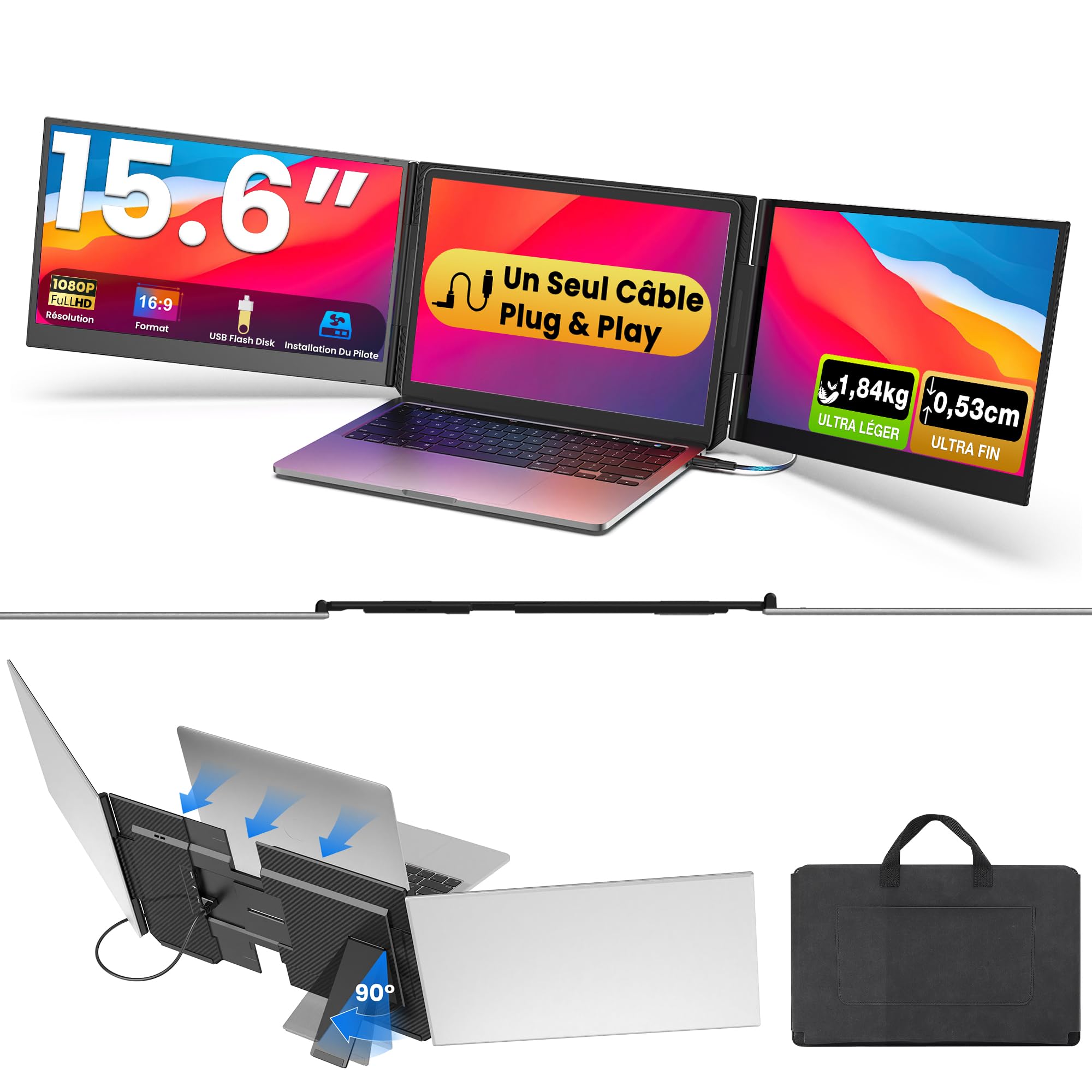 Kwumsy Écran Portable 15,6 Pouces – Triple Écran PC Portable FHD 1080P IPS, Extension d'Écran USB-C Plug & Play, Moniteur Portable Compatible Mac/Windows et Ordinateurs Portables jusqu'à 17,3"