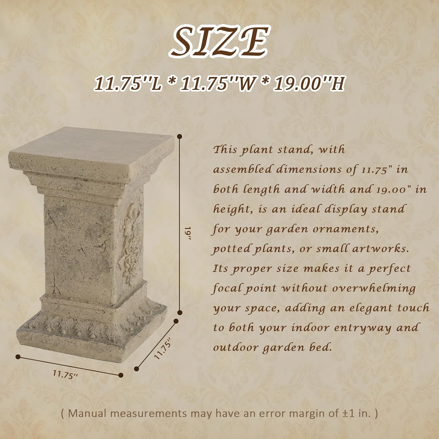 Garden Decorative Column, 19" Magnesium Oxide Garden Pedestal Column Plant Stand Weatherproof Pedestal for Sculptures Heavy Duty Plinth Suitable for Weddings and Dining Tables, Indoor/Outdoor