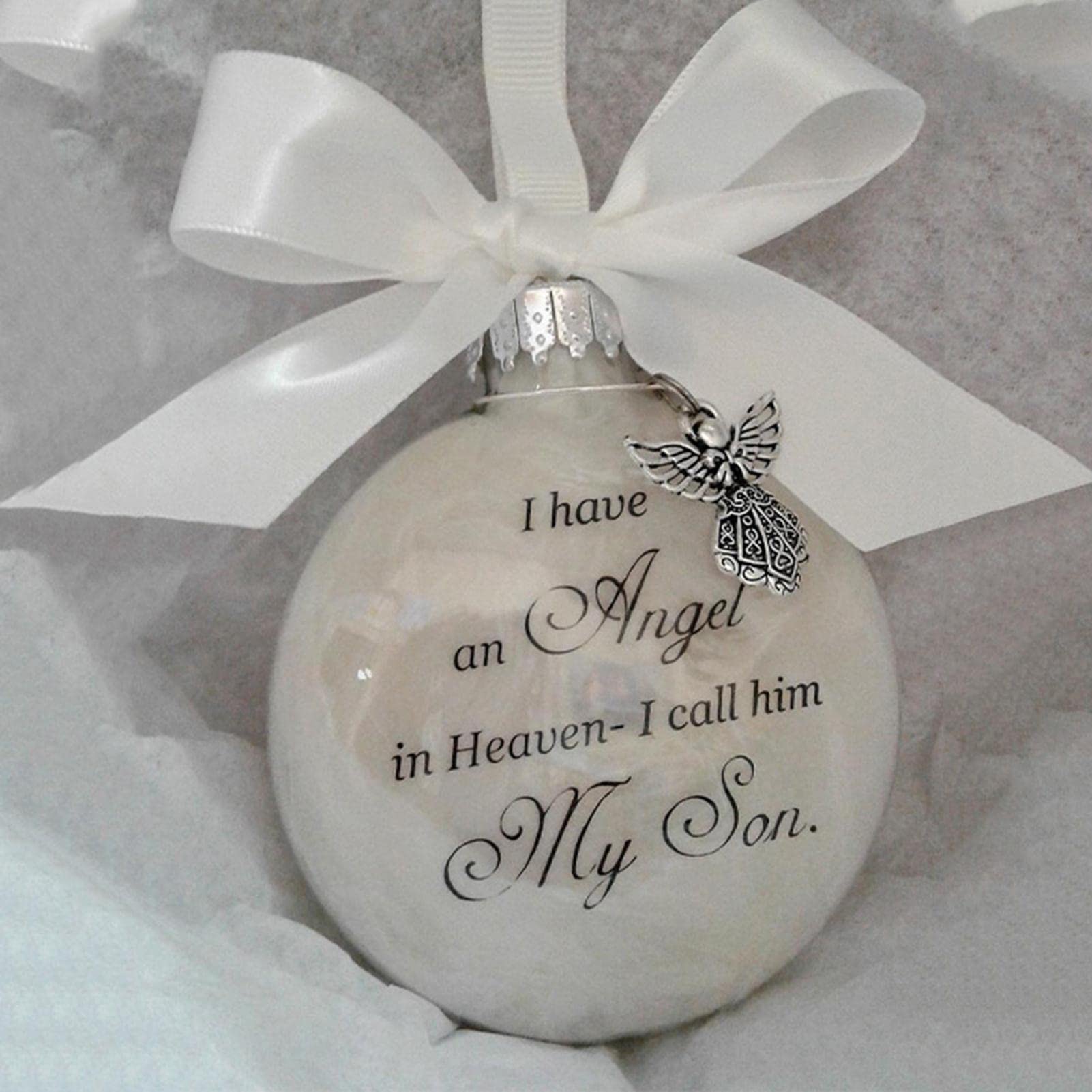 Pomurom Son Memorial Baubles Ornaments, With Hand-tied White Satin Bow, Angels In Heaven Memorial Pendant, Tree Memorial Hanging Pendant for Son, Tree Baubles Decorations