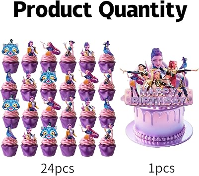 25 Pcs Anime Cake Decorations, Cute Happy Birthday Cake Toppers, You Will Receive 1 Cake Topper and 24 Cupcake Decorations.