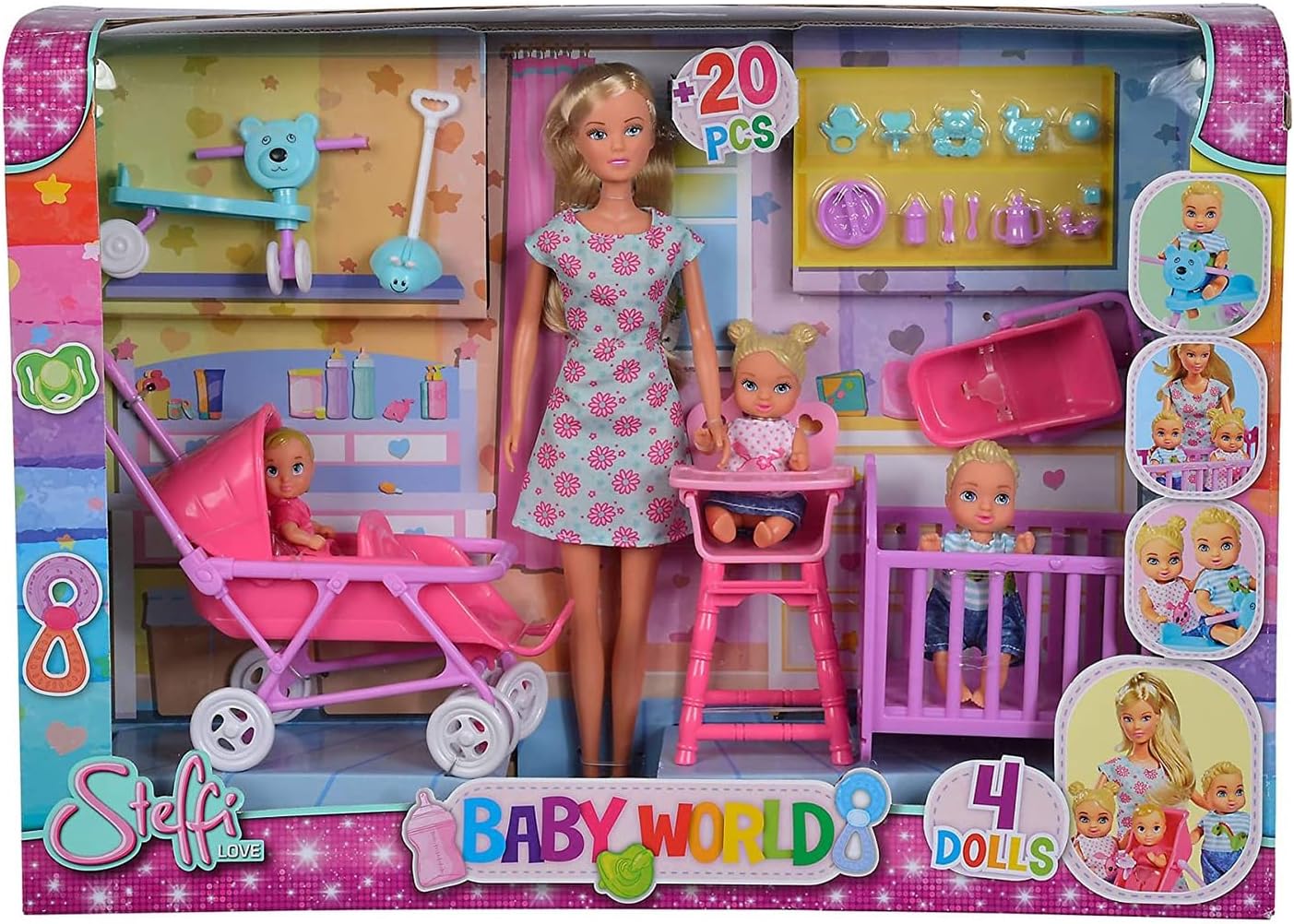 Toys Steffi Love Baby World Set - Kindergarten Teacher Steffi Doll with Baby, Cot, Stroller, High Chair, and Bathtub, Ages 3+