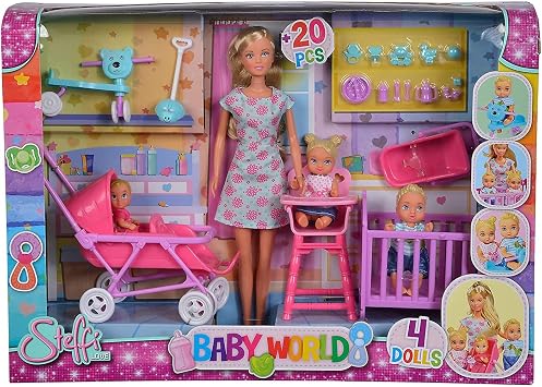 Simba Toys Steffi Love Baby World Set - Kindergarten Teacher Steffi Doll with Baby, Cot, Stroller, High Chair, and Bathtub, Ages 3+