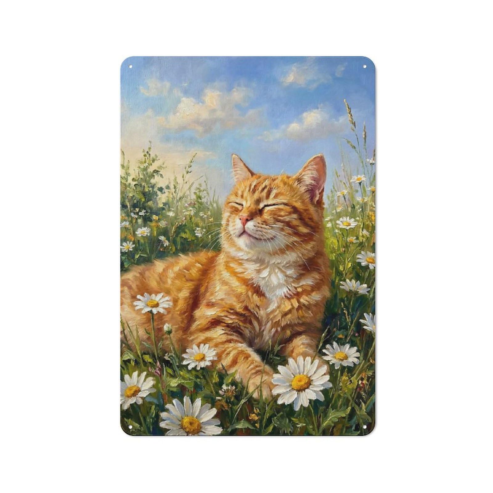 Junmoney Style-3 Tin Wall Plaque 30X20cm With Orange Cat In A Field Flower For Hallway Wall, Suited To Wall Displays In Hallways And Entrance Areas