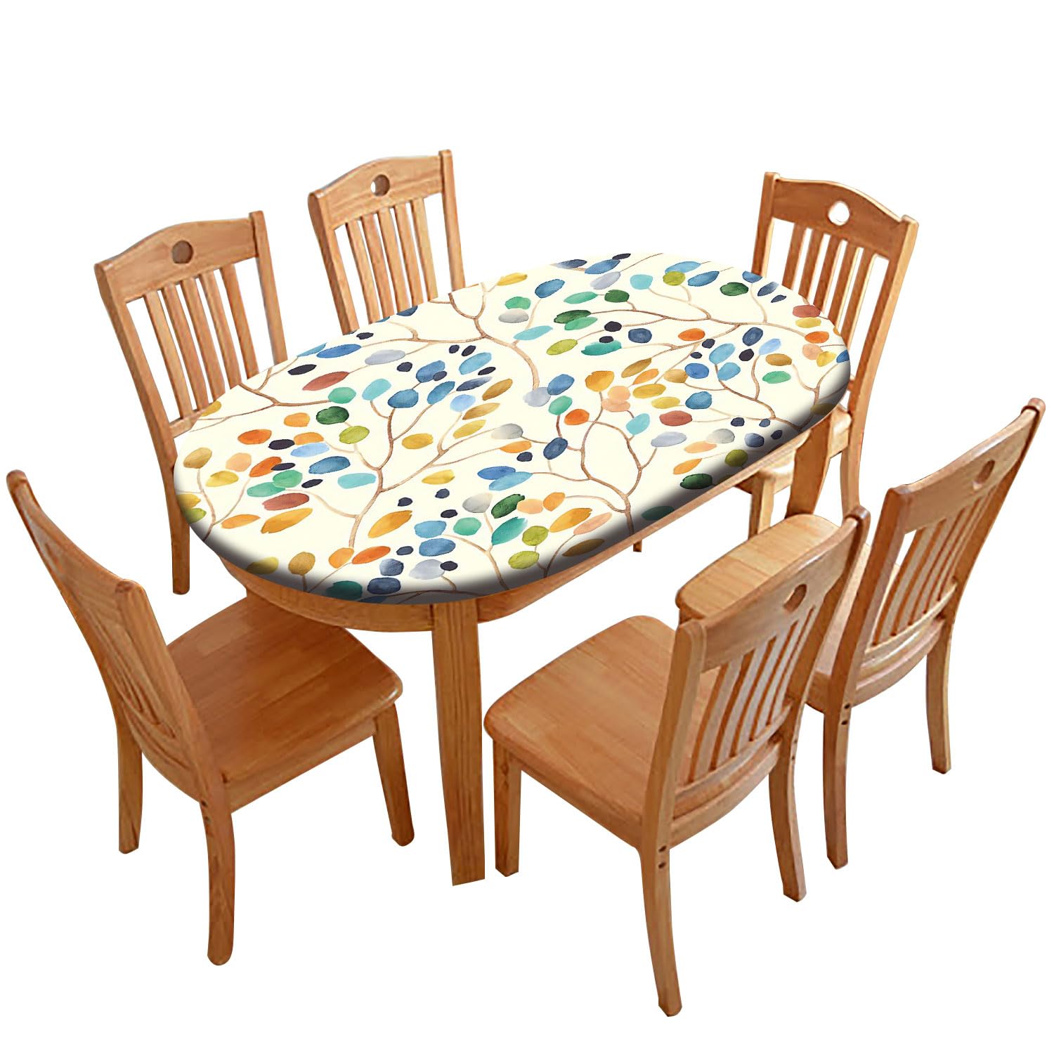 Floral Oval Fitted Tablecloths, Colorful Leaves Elastic Edged Polyester Fitted Table Cover, for Spring Holiday and Indoor Outdoor Picnic Dining Table