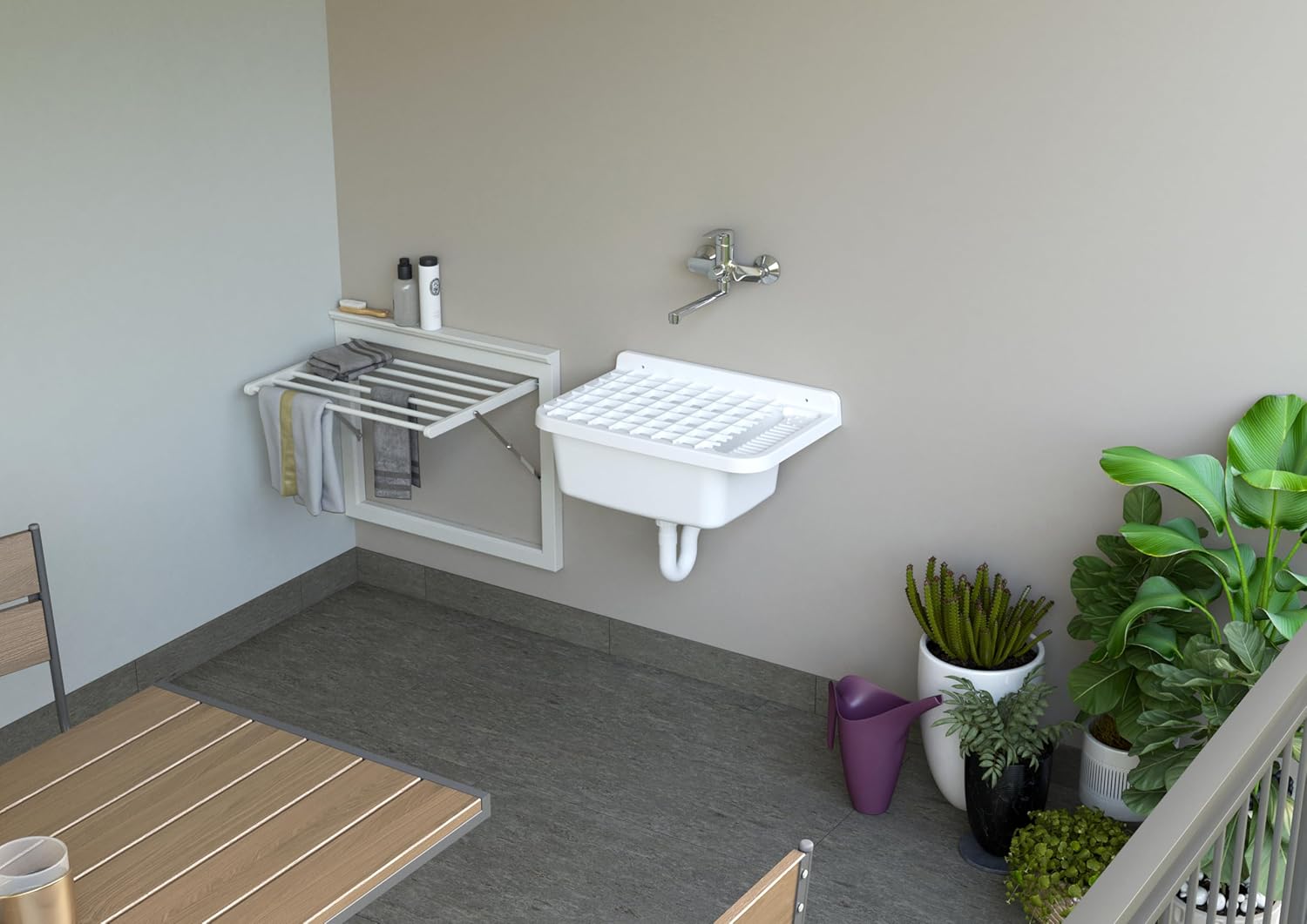 Adventa Wall Mounted Sink with Grid, Outdoor Resin, White, 50x35x24