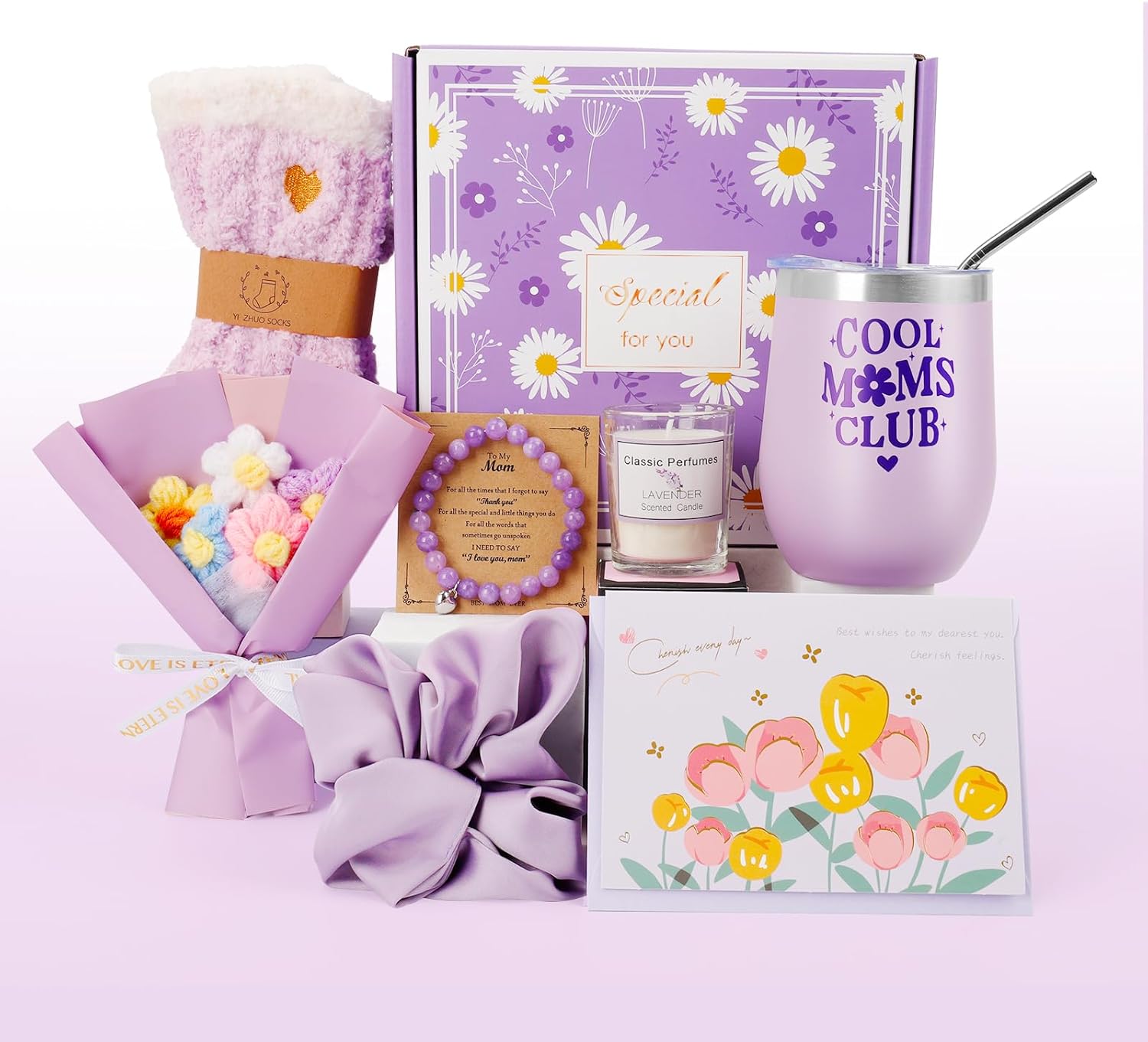 Gifts for Mom, Mothers Day Birthday Valentine Day Gifts Basket Christmas Ideas for Mom From Daughters or Son, Cool Mom Club Tumbler Set Get Well Soon Self Care 8pcs