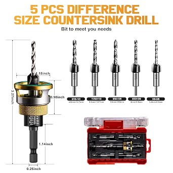 9pcs Countersink Drill Bit Set,5pcs 2 Flute TCT Alloy Tapered Drill Bits
