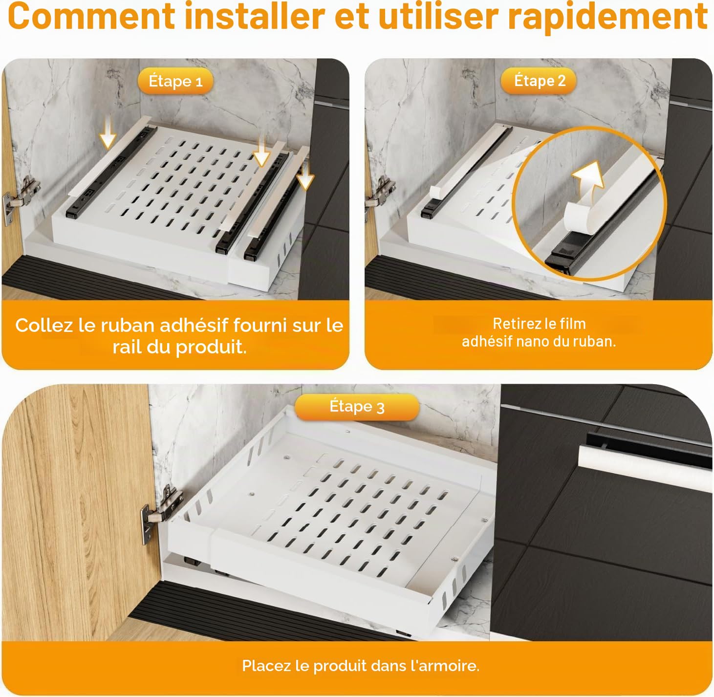 iHomara Pack de 2 organisateurs de placard extensibles avec adhésif, tiroirs coulissants pour cuisines, étagères coulissantes pour l'organisation, largeur réglable de 32 à 53 cm
