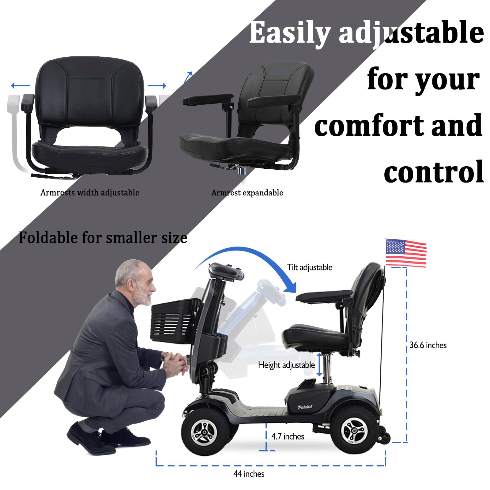 4 Wheel Mobility Scooter Foldable Mobility Scooter for Adults & Seniors 300 lbs Capacity Compact for Travel Long Range Power Extended Battery with Charger Basket and Front LED Light -Grey