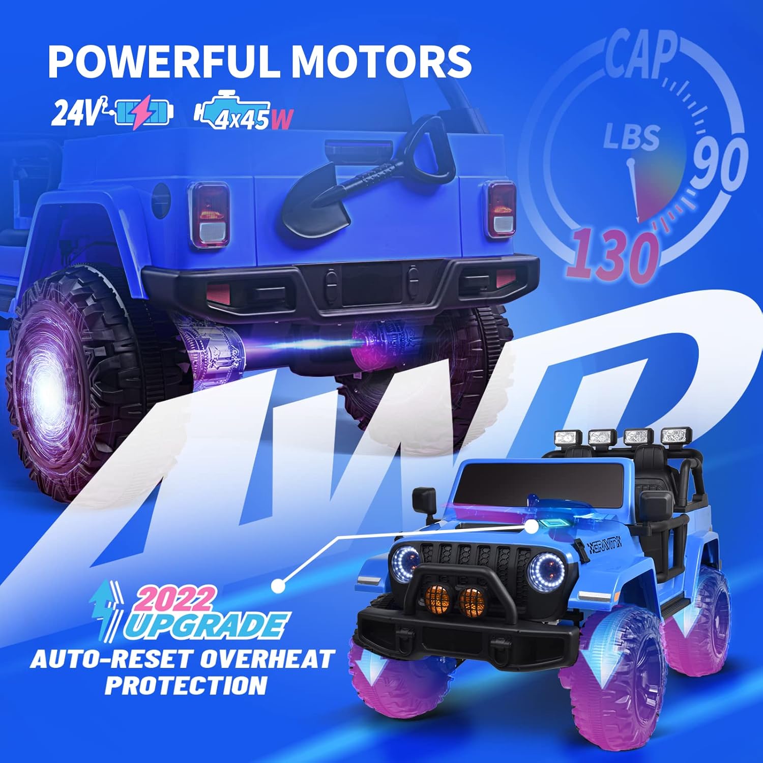 Joywhale 24V 2 Seater Kids Ride on Car Truck Battery Powered Motorized Easy-Drag 4WD, with 4x45W Powerful Engine, Soft Braking, Remote Control, Suspension&Free Car Cover, 2022 New Model, Deep Sea Blue : Toys & Games