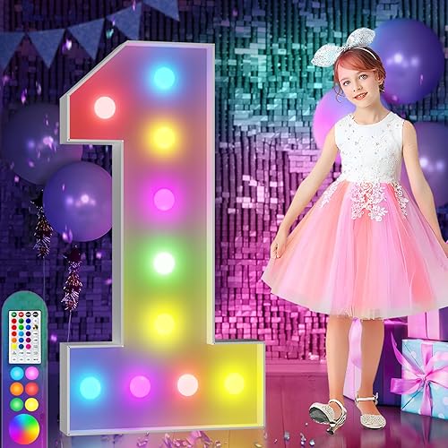imprsv Números iluminados de marquesina colorida de 4 pies, 18 colores número 1 con control remoto, letrero de números iluminados para decoración de