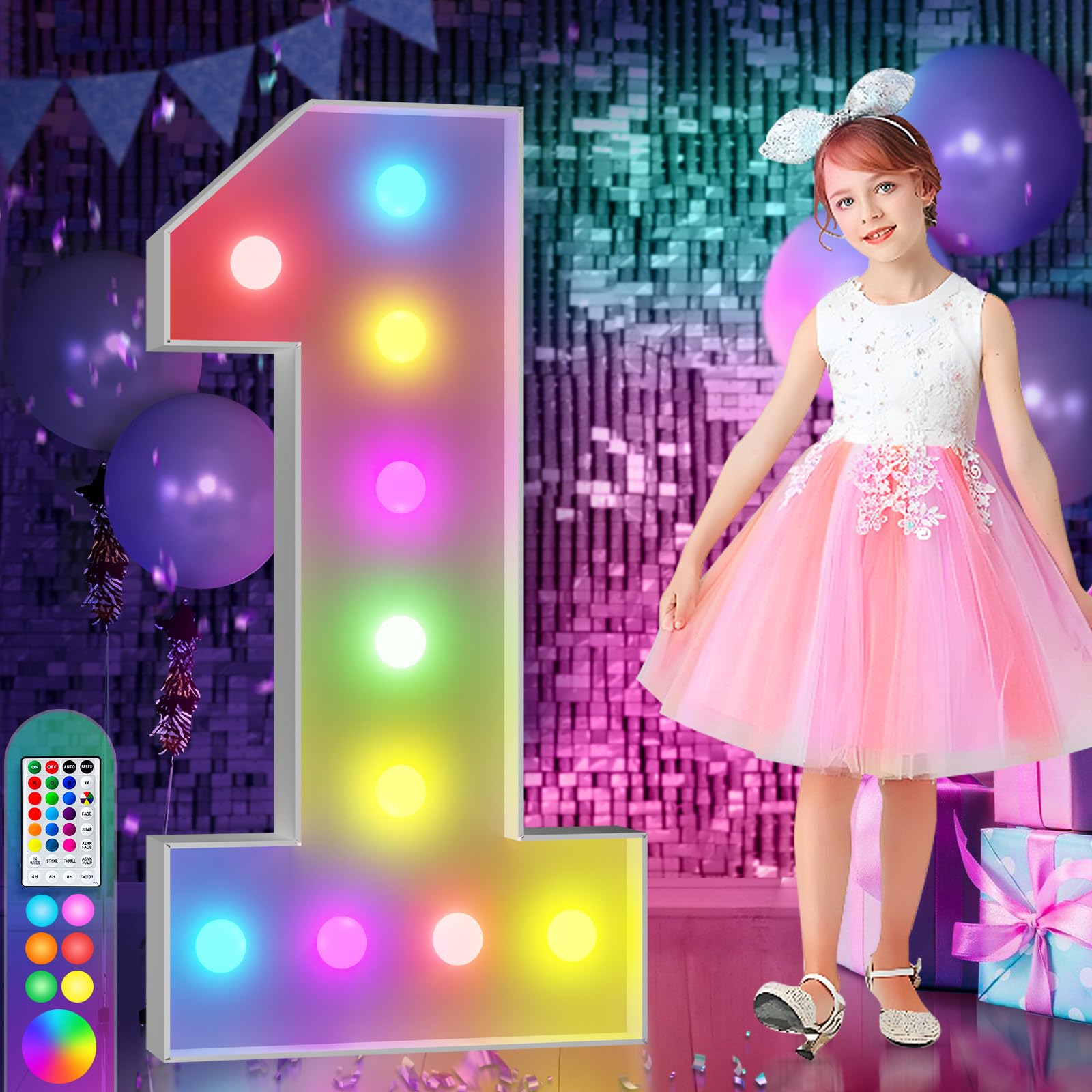 imprsv 4FT Colorful Marquee Numbers,18 Colors Number 1 with Remote, Light Up Numbers Sign for 1st Birthday Decorations Anniversary Party Decor, Pre-Cut Foam Board Kit, Mosaic Sign for BalloonCarbonfree Certified