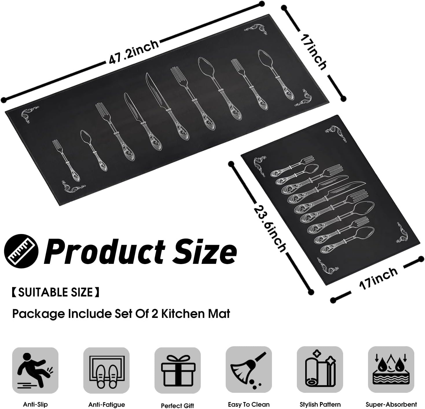 Black Kitchen Rugs and Mats Non Skid Washable Absorbent Microfiber Kitchen Mat for Floor, Kitchen Mat Set of 2 Black Kitchen Decor Stain Resistant 17"x47"+17"x30"