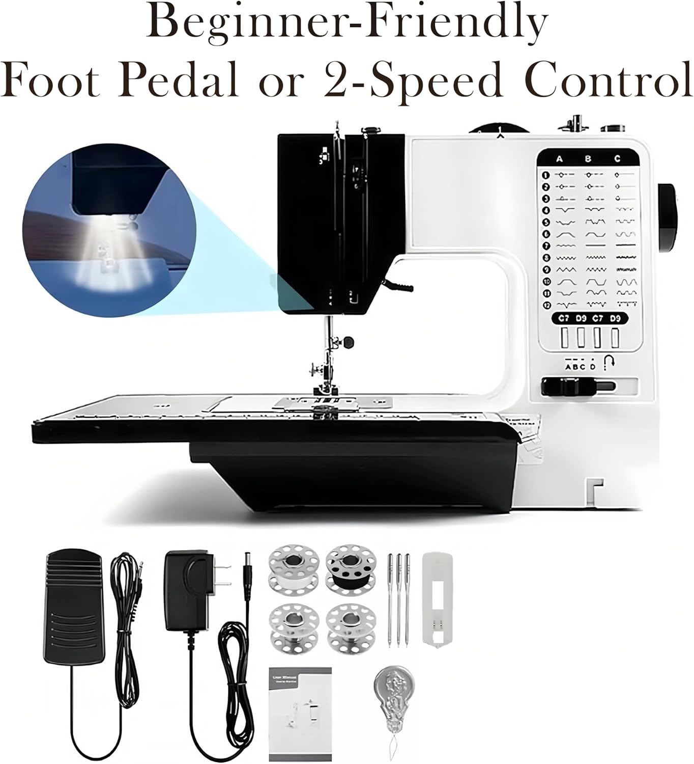 Beginner Sewing Machine with Extension Table,38 Built-in Stitches with Foot Pedal,2-Speed Control,Electric Portable Sewing Machine for Home Travel Use and Sewing Enthusiasts,LED Light(Black)