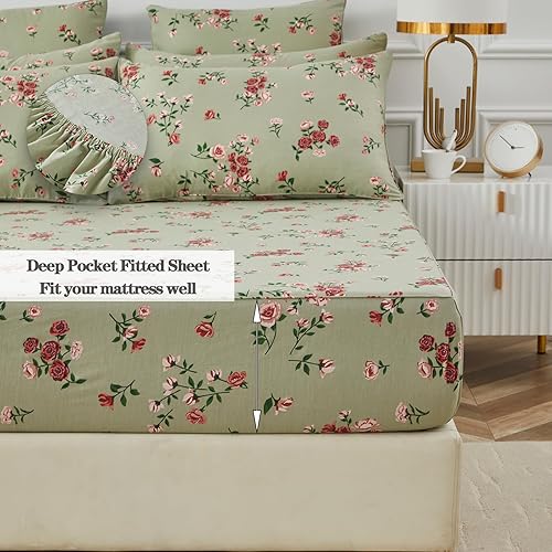 Miniatura 4 de FADFAY Juego de sábanas de cama tamaño King 100% algodón, color verde salvia, patrón floral de rosas rojas de campo francés, ropa de cama de lujo