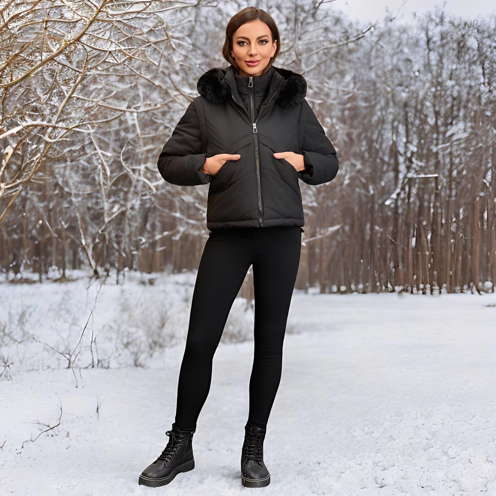 Chaquetas ligeras de invierno para mujer 2 en 1 Chaleco acolchado sin mangas corto Abrigo acolchado con capucha para mujer