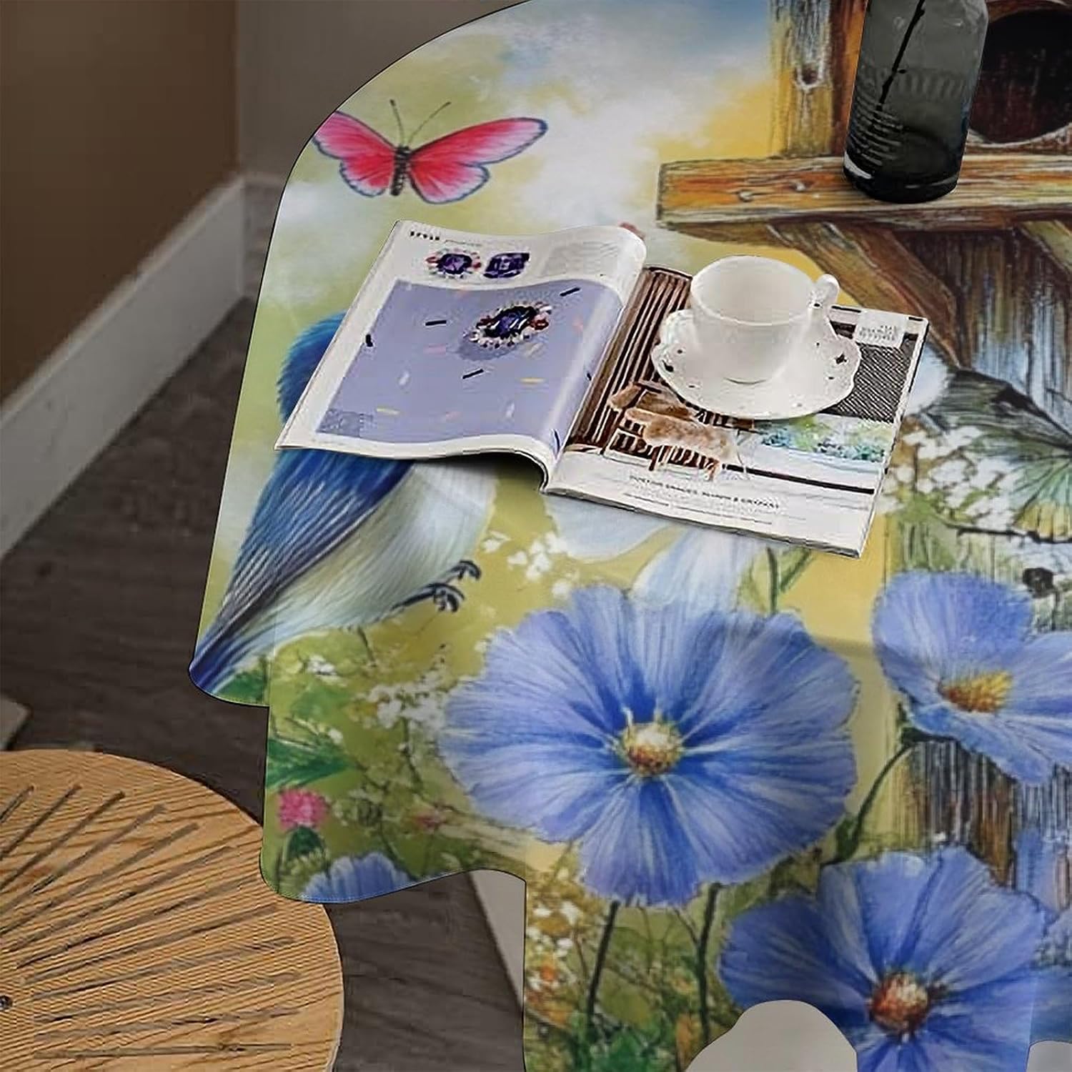 Round Tablecloth Rustic Birdhouse Butterfly, Washable Bird Flower Plant Table Cover for Kitchen Dining Room, Indoor Outdoor Decor for Picnic Party, 60 Inch