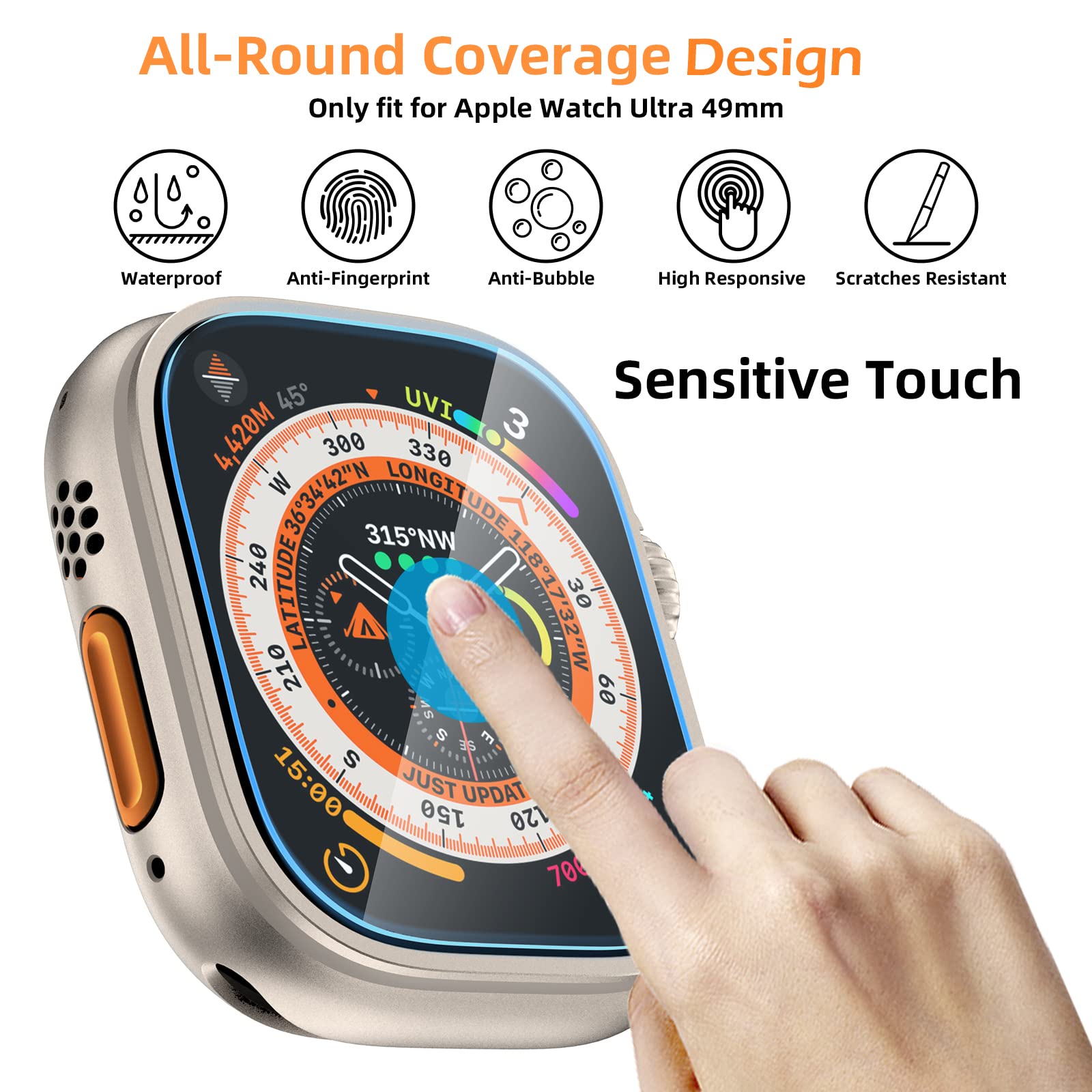Pellicola proteggi schermo compatibile con Apple Watch 49 mm 45 mm, in vetro temperato con kit di installazione facile per iWatch Ultra 49 mm serie 8/7 45 mm, senza bolle, copertura completa