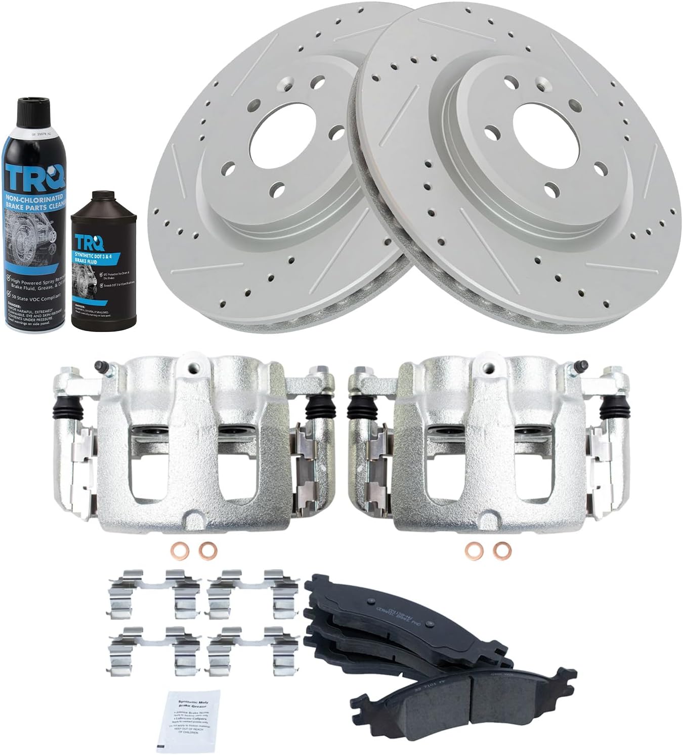 TRQ Front Performance Brake Pad & Rotor Kit Brake Caliper Brake Chemical Kit Brake Pads Brake Rotors Set Ceramic Premium G-Coated Compatible with 2010-2012 Ford Taurus