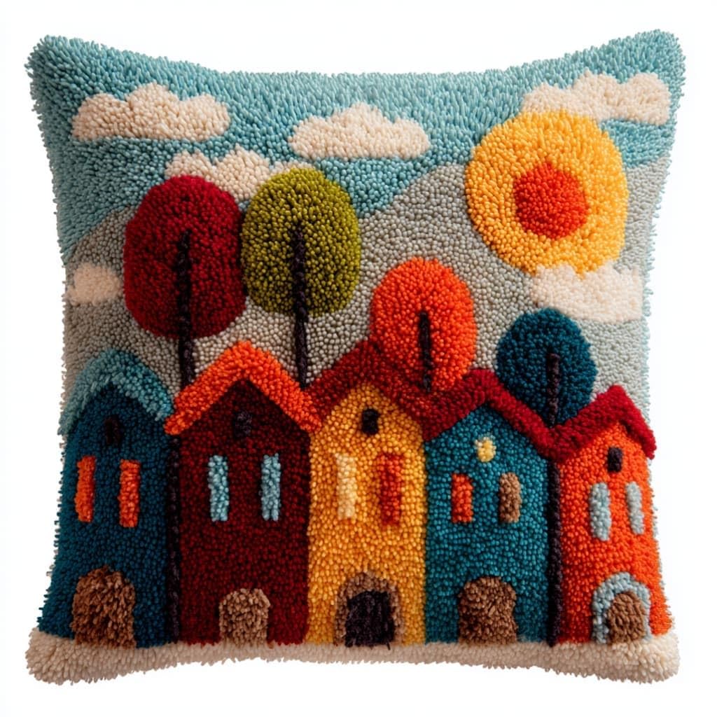 Taxpy Latch Hook Cushion Kits Houses Pillowcase Kits Embroidery Kit 17X17 Inch DIY Needlework Pillow Cover Sofa Cushion Rug Making