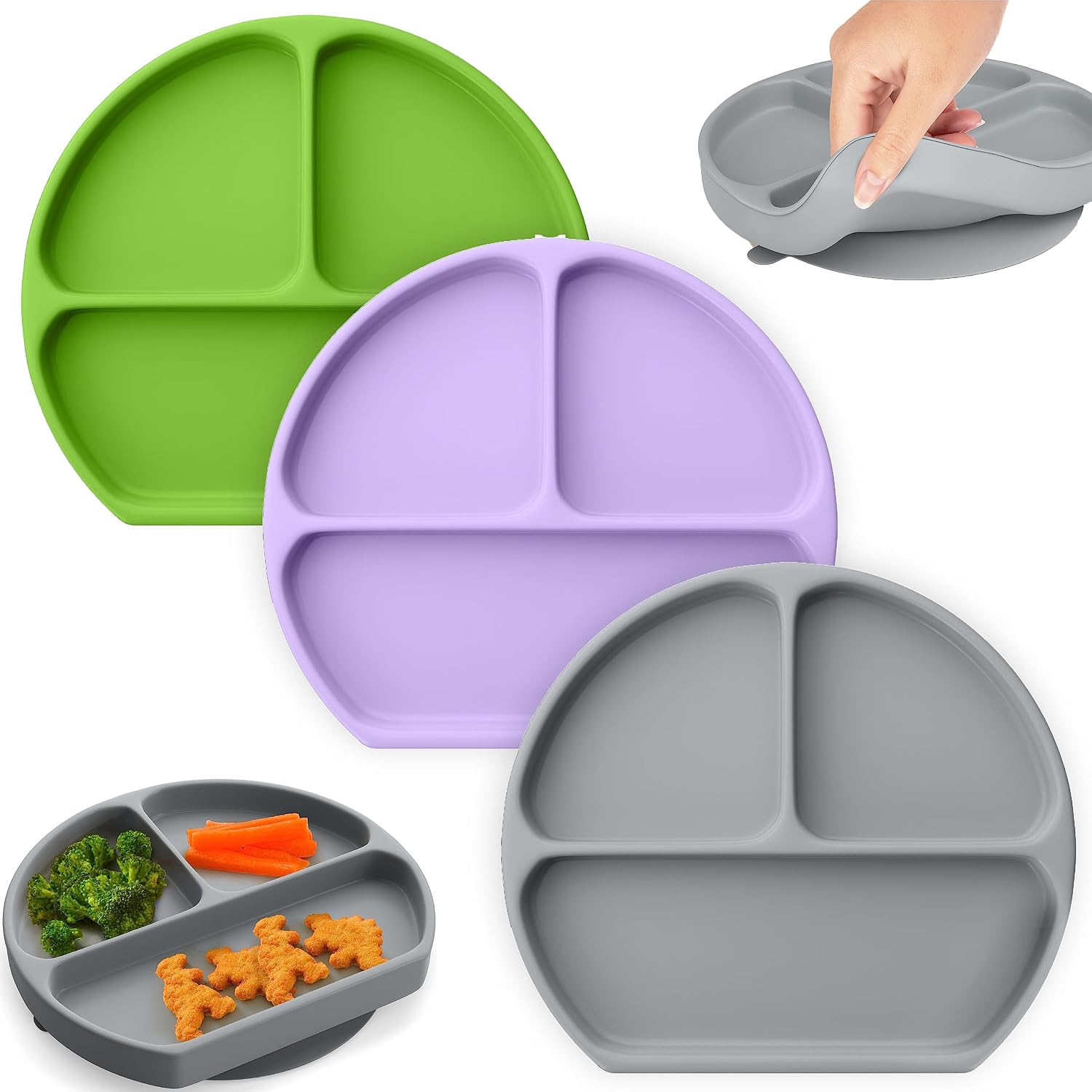 Toddler Plates Suction Plates for Baby Silicone Baby Plates 100% Food-Grade Silicone, First Stage toddler plate With Suction Feeding Supplies for Kids, Microwave & Dishwasher Safe 3 Pack